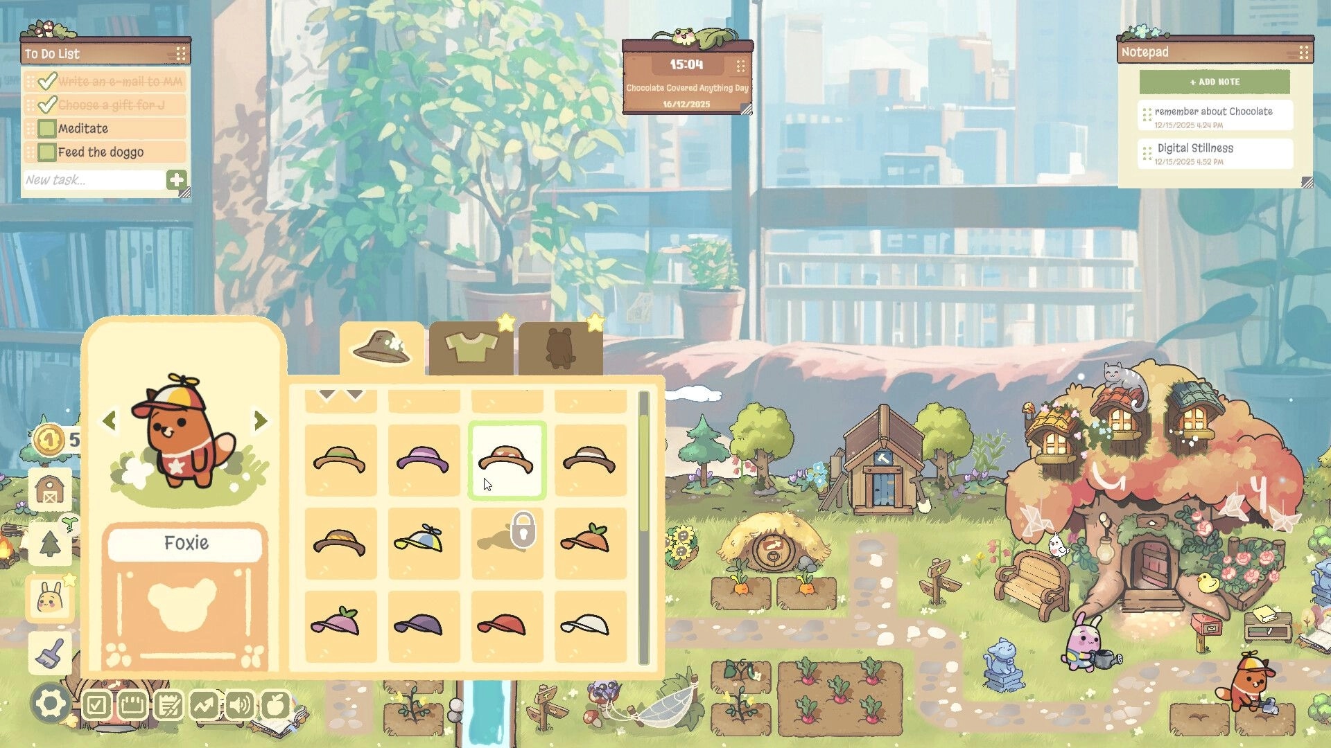 Focus Grove: Character Foxie selecting hats in inventory menu with cozy farm environment in background