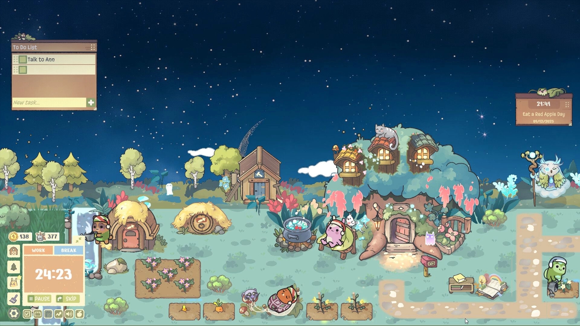 Focus Grove: Nighttime farm scene with animals, to-do list, countdown timer, and cozy treehouse setting
