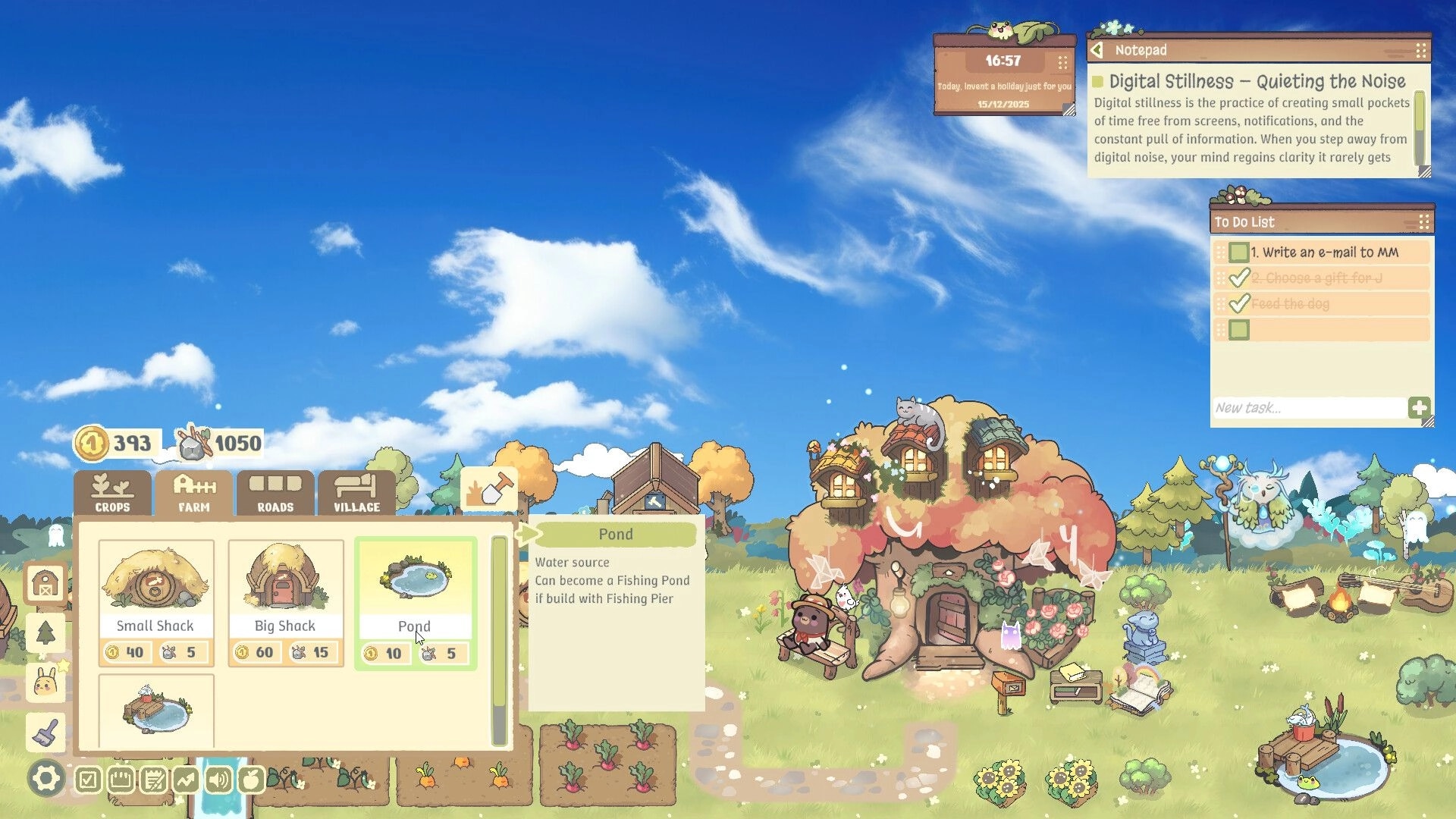 Focus Grove: Farm building menu with pond options and cozy treehouse in a serene forest setting