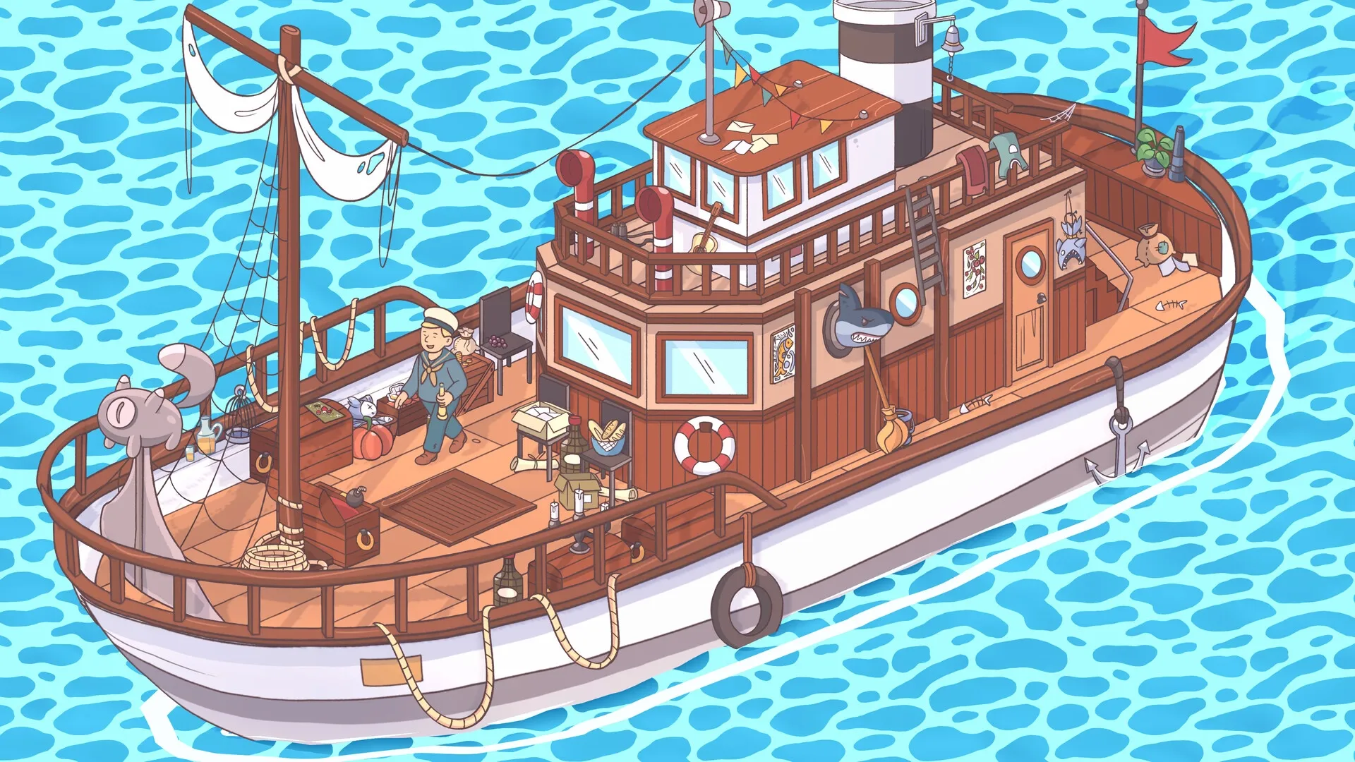 Fofumia: Sailor cleaning deck on colorful boat surrounded by scattered items in a vibrant blue ocean
