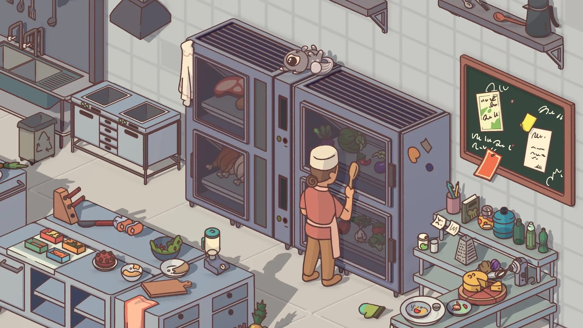 Fofumia: Character organizing kitchen shelves with food, surrounded by scattered kitchenware and notes.