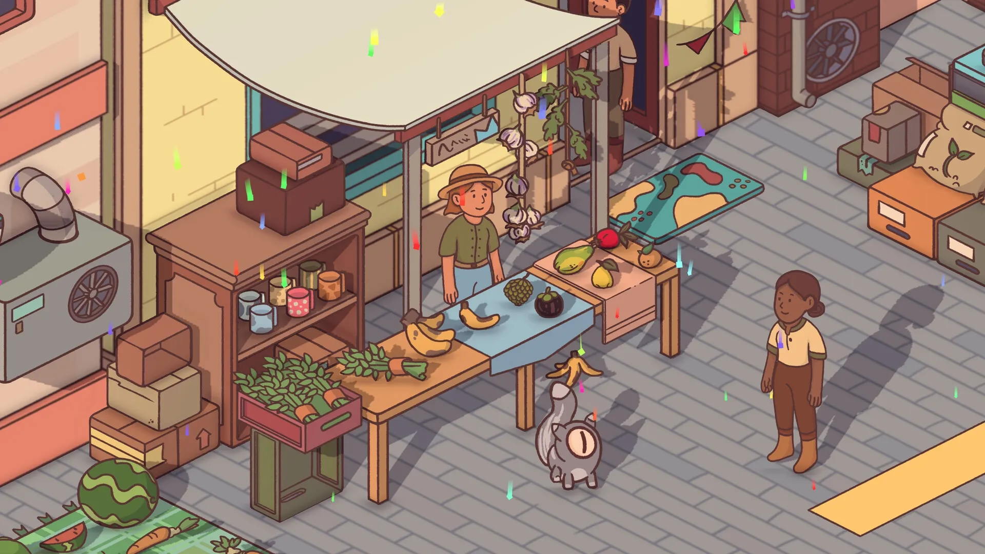 Fofumia: Fofuno kitten near market stall with fruits and vegetables, colorful confetti in the air