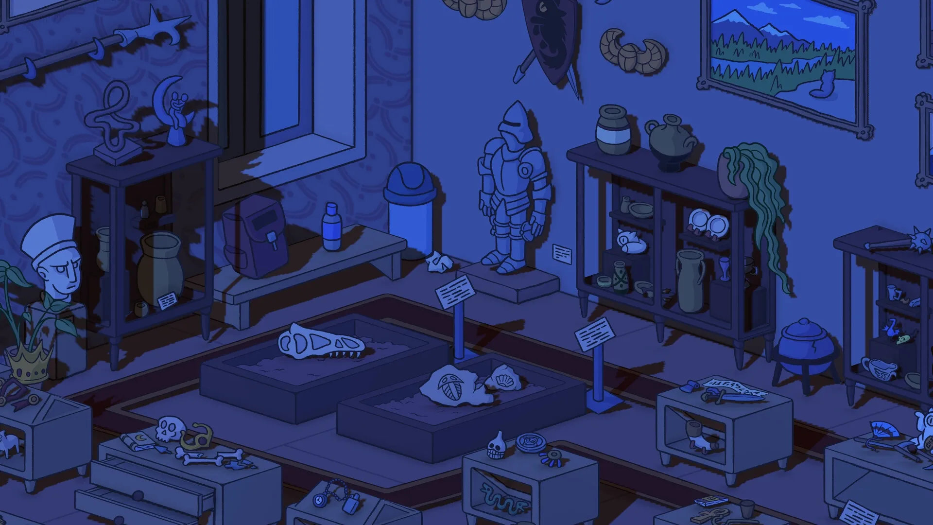 Fofumia: Museum exhibit room cluttered with artifacts and a knight statue amidst scattered objects