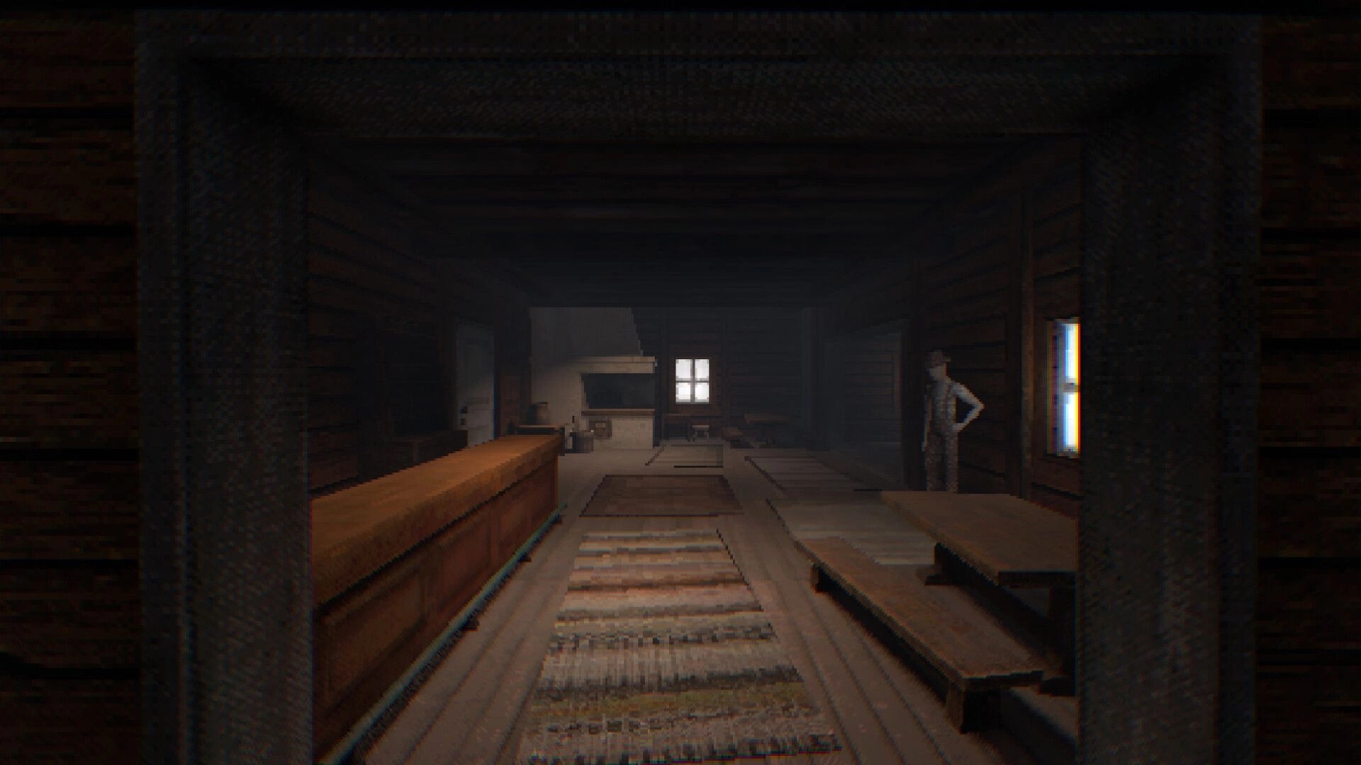Foghorns Drown: Dimly lit cabin interior with a wooden counter, rugs, and a lone figure near the window.