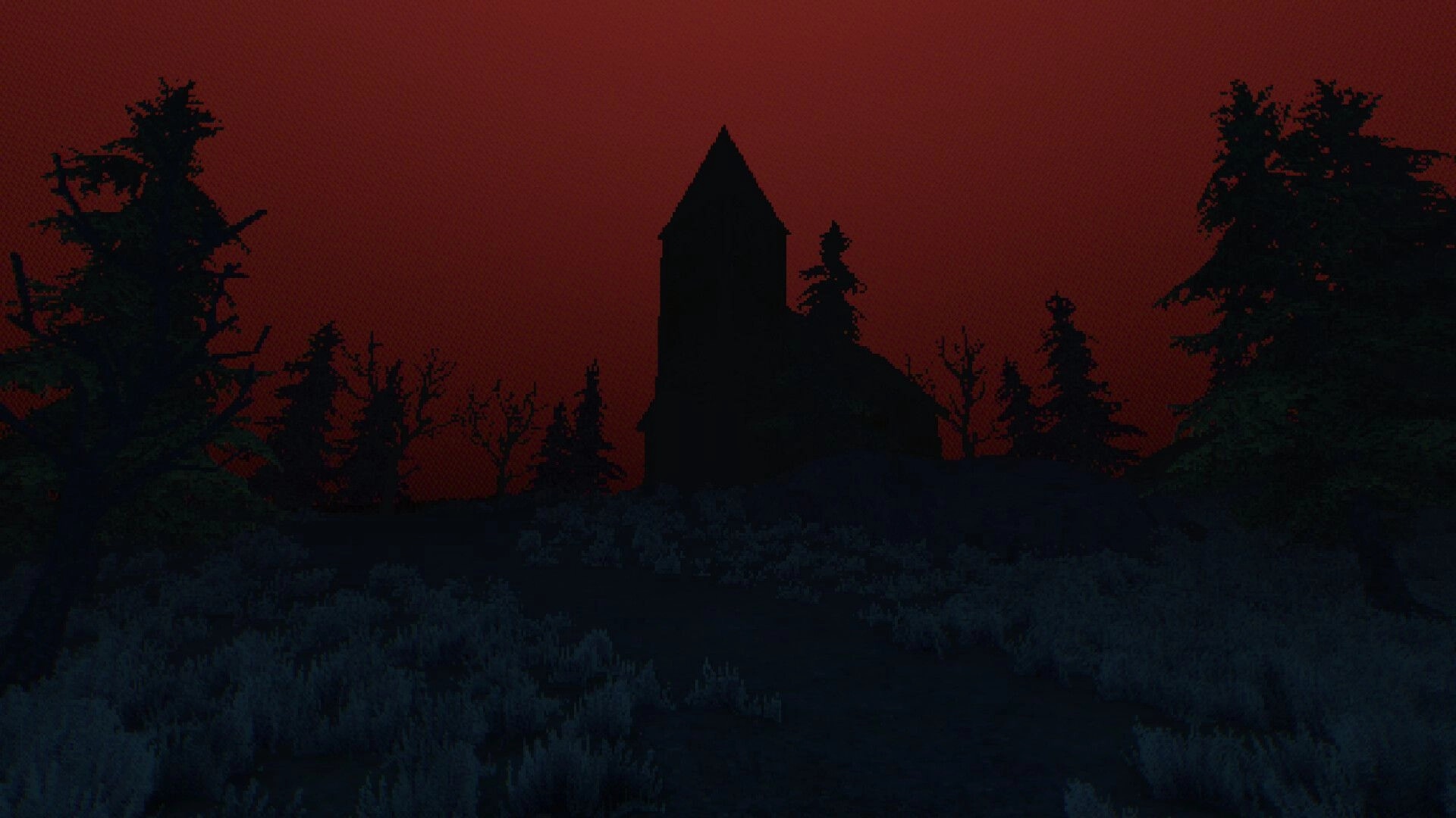 Foghorns Drown: Dark silhouette of a church against a red sky surrounded by eerie trees and fog.