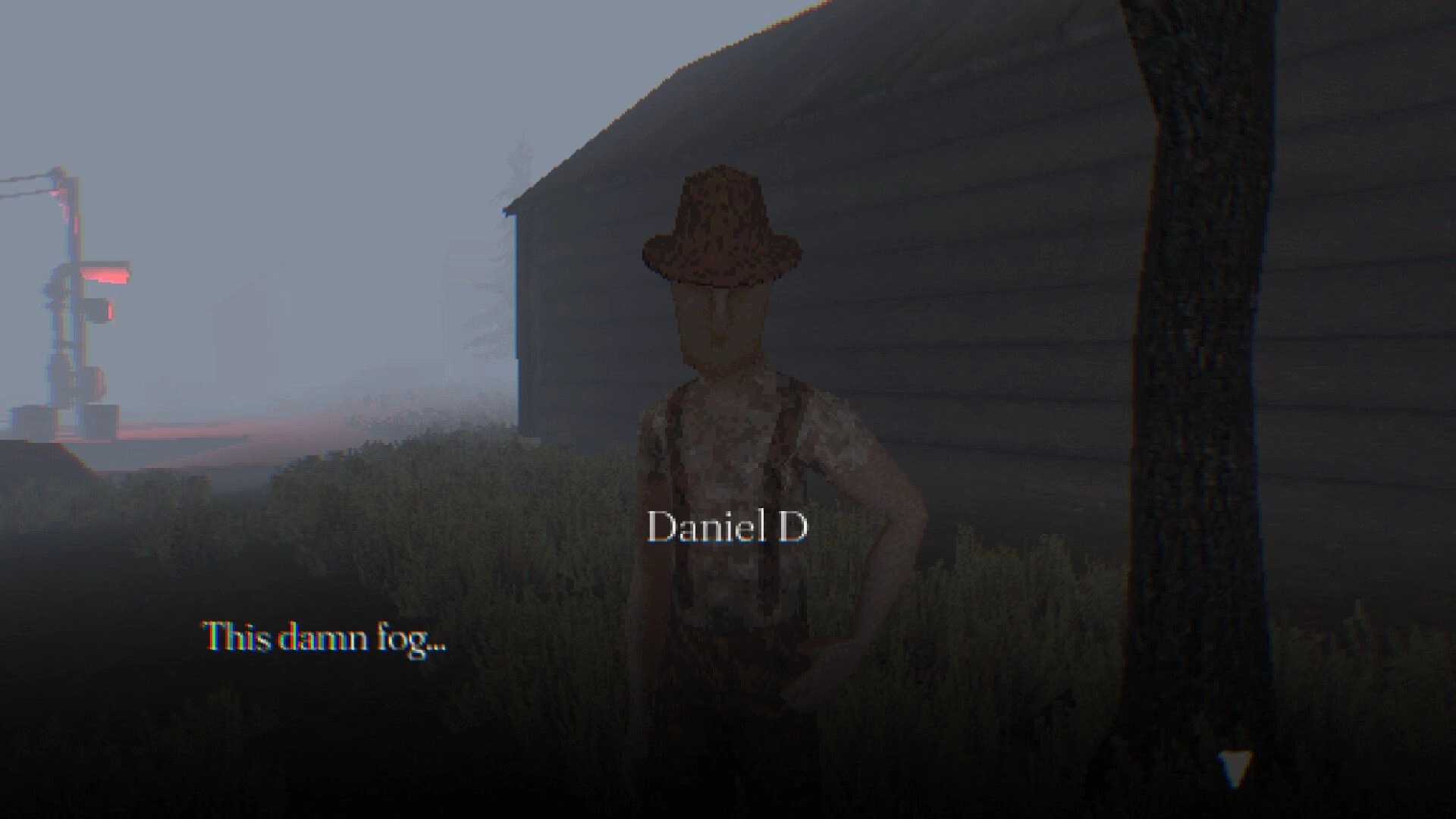 Foghorns Drown: Daniel D stands near a foggy cabin, pondering the dense mist surrounding the eerie landscape.