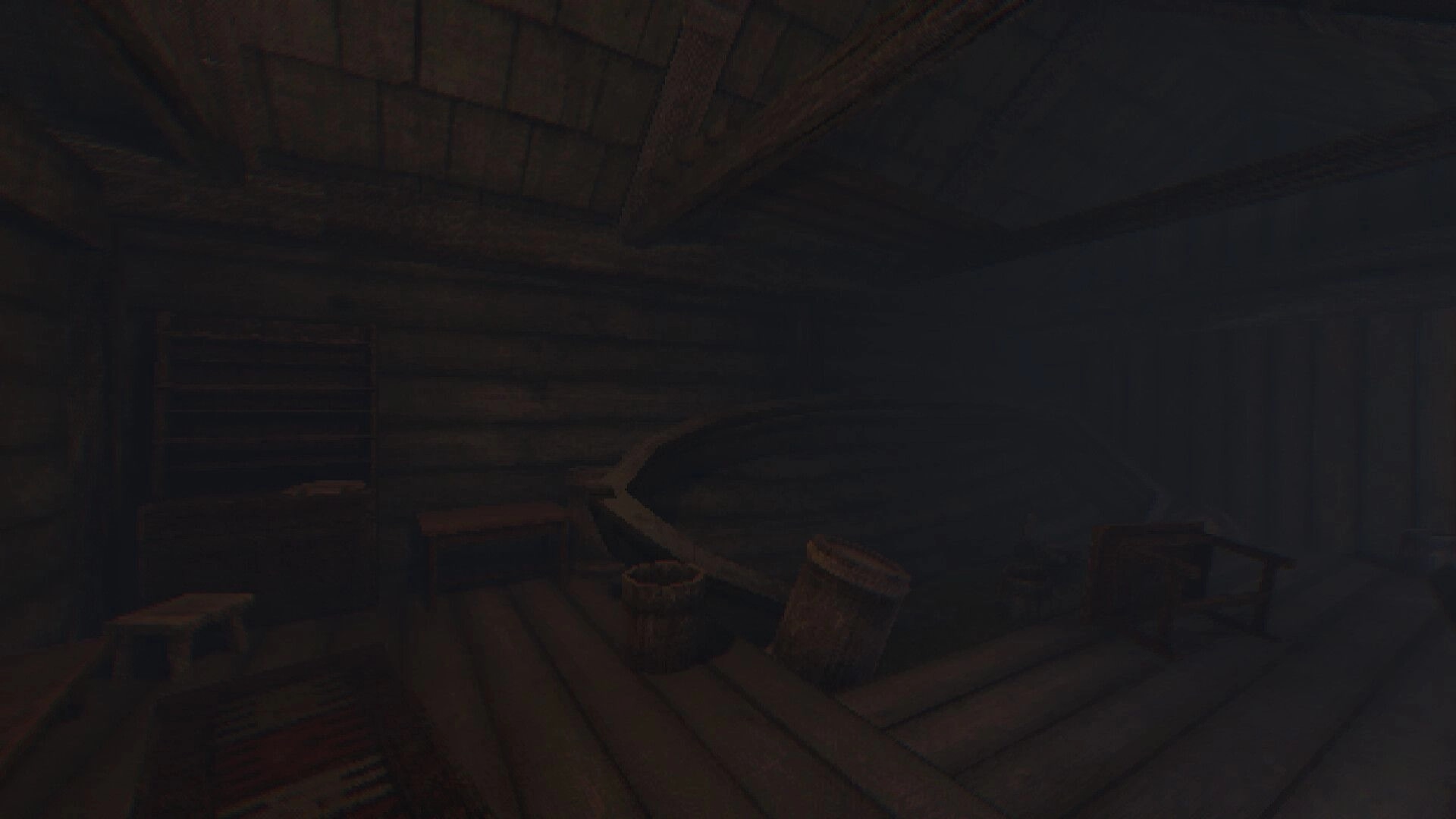 Foghorns Drown: Dimly lit wooden cabin interior with overturned chair and boat amidst scattered barrels