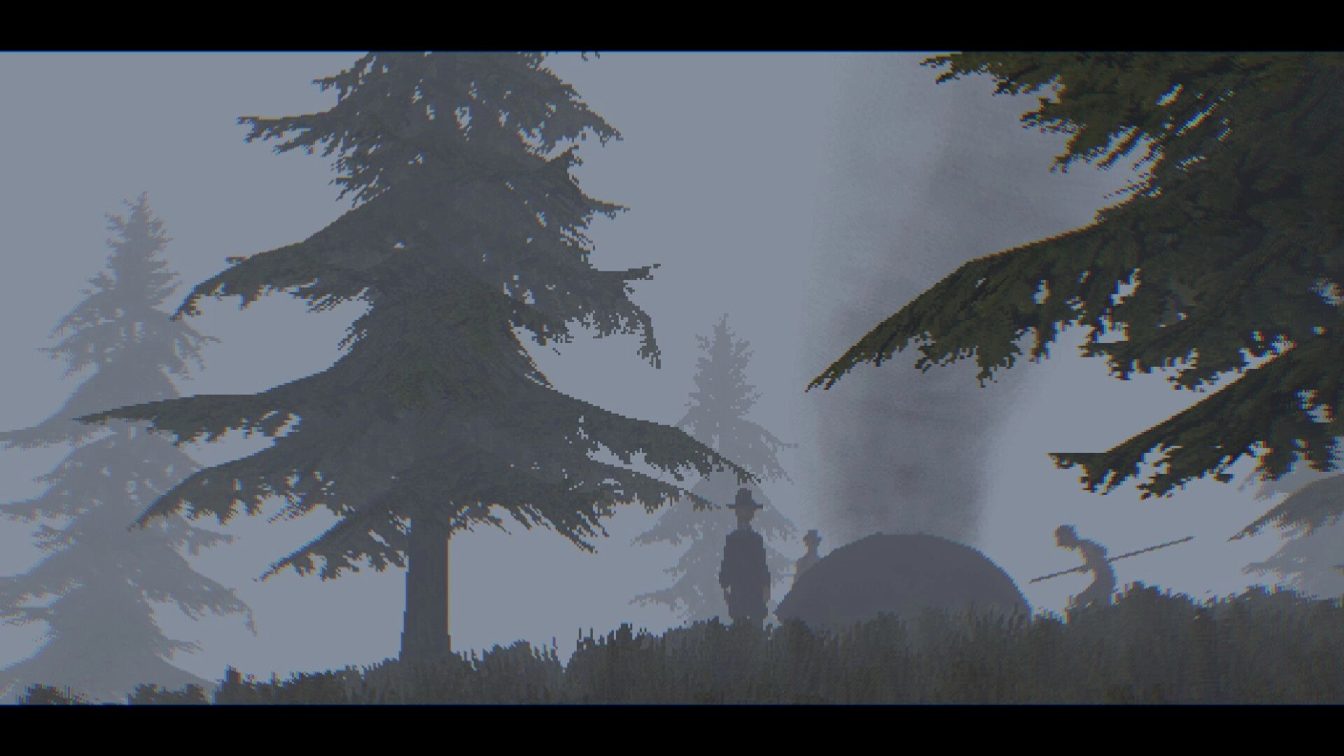Foghorns Drown: Silhouetted figures stand amid tall trees in a dense, fog-covered forest environment.