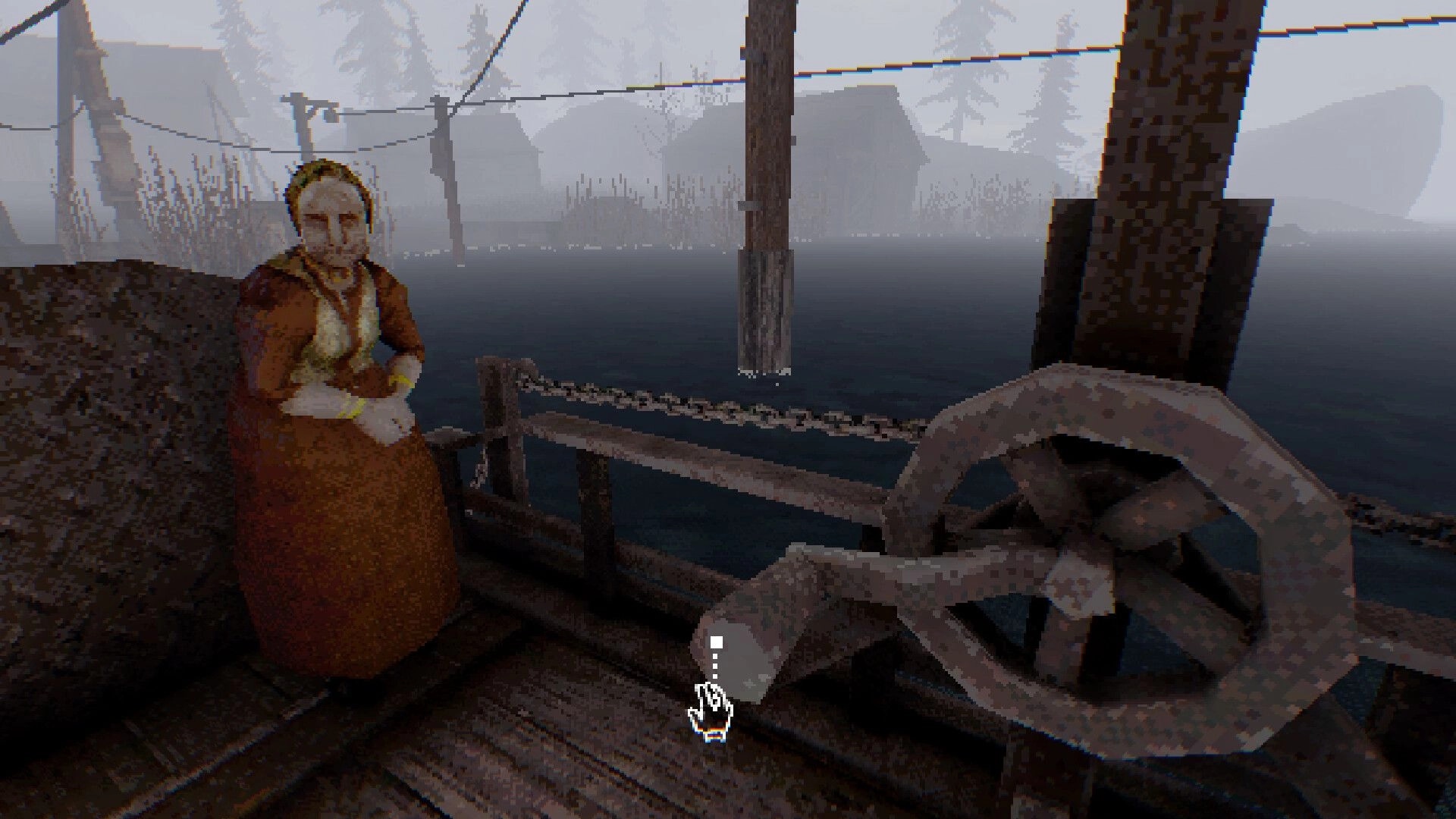 Foghorns Drown: Mysterious passenger on a foggy ferry, next to a steering wheel, overlooking dark waters.