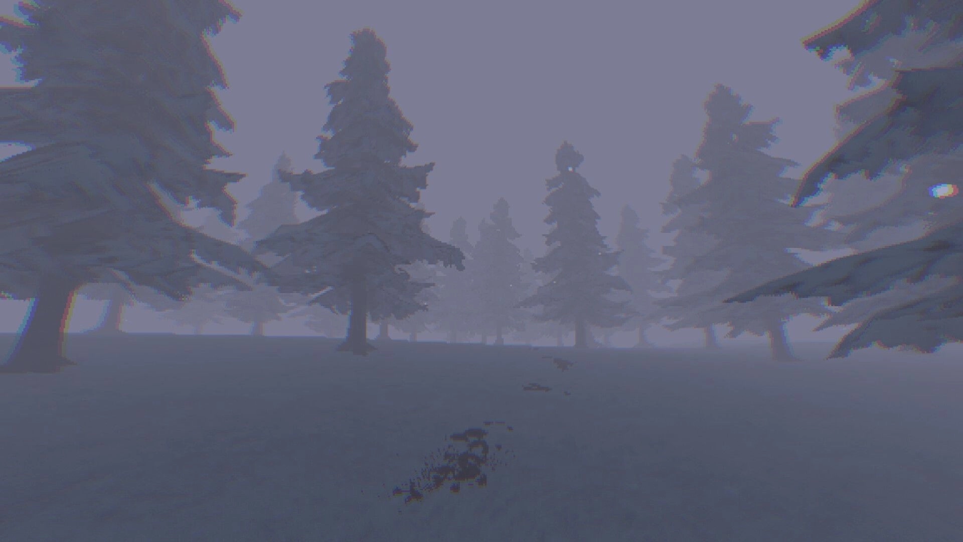 Foghorns Drown: Dark forest with dense fog and visible mysterious footprints leading deeper into the woods.
