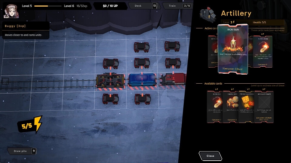 Fogpiercer: Train combat setup with card selection and enemy units on a grid in snowy terrain