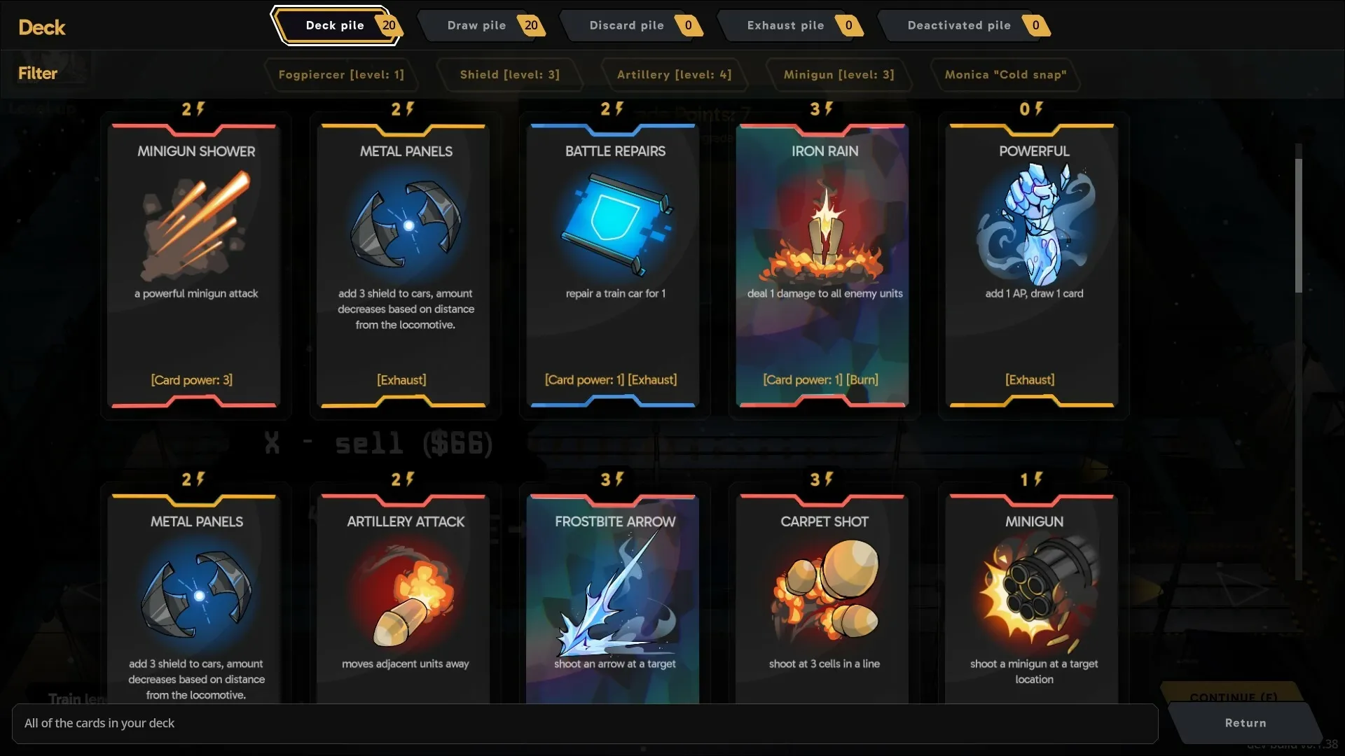 Fogpiercer: Deck pile interface showing various cards with abilities and power levels in a dark theme.