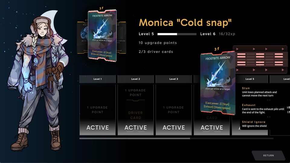 Fogpiercer: Monica "Cold snap" character screen with Frostbite Arrow card and upgrade options visible.