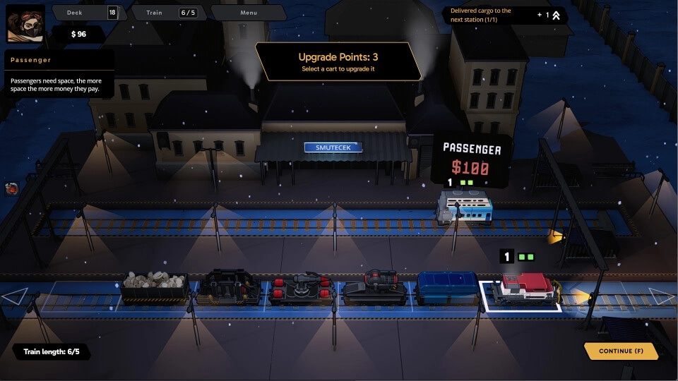 Fogpiercer: Train station at night with upgrade menu, passenger car, and various train carts visible.