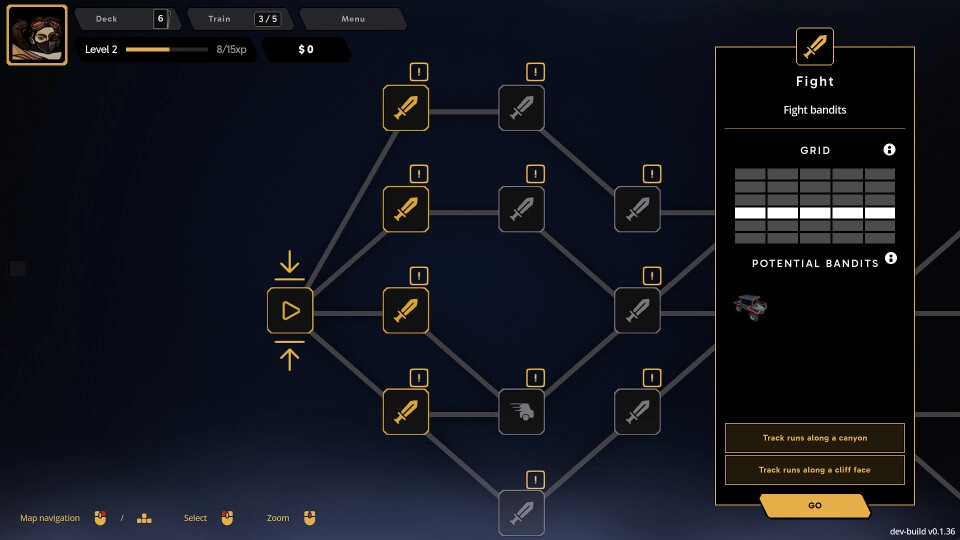 Fogpiercer: Navigation grid with branching paths and fight options against bandits in a dark interface.