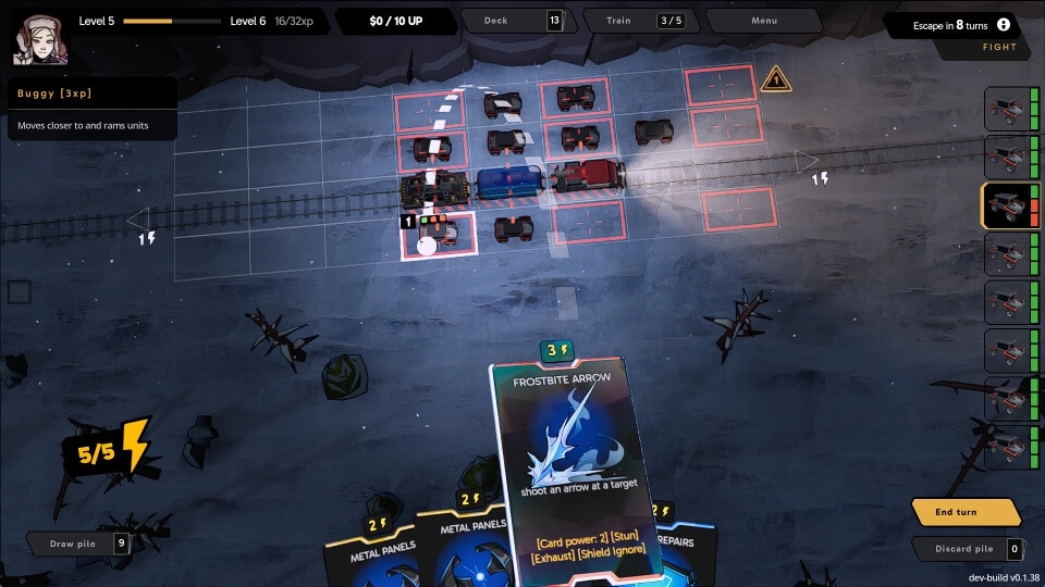 Fogpiercer: Top-down view of train battle with cards and enemy units on a snowy, post-apocalyptic landscape