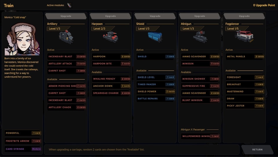 Fogpiercer: Train upgrade menu with Monica's character info and various module levels and abilities displayed.