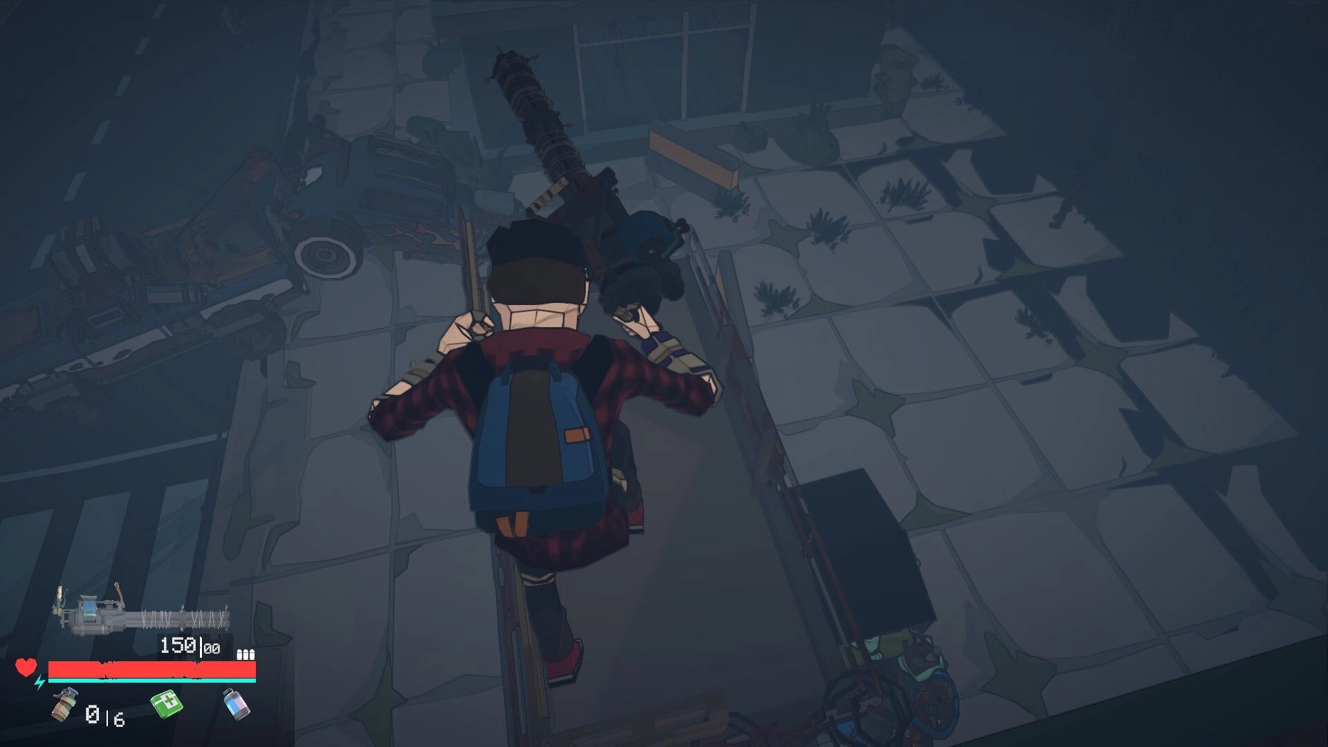 Fogreaver: Player with heavy weapon on rooftop, overlooking street with crashed vehicles, UI visible