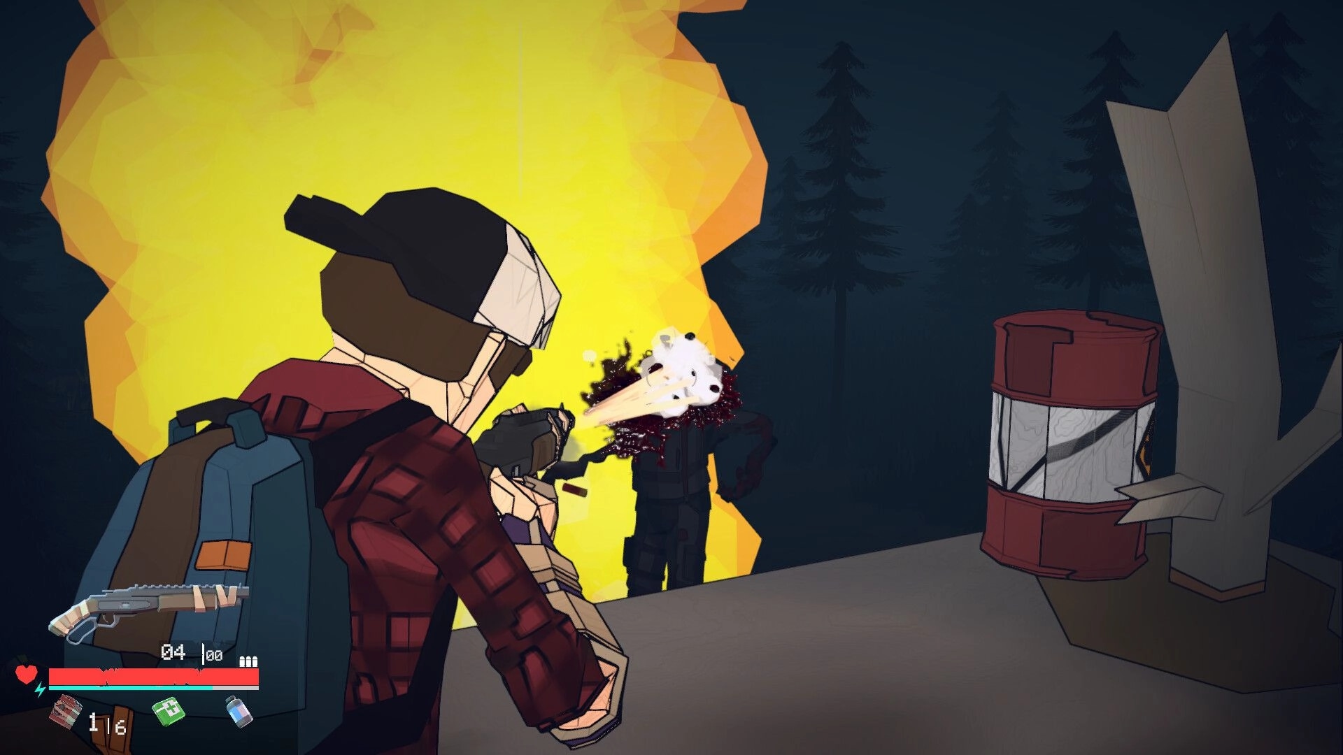 Fogreaver: Player shoots zombie near explosive barrel in dark forest setting with UI health display