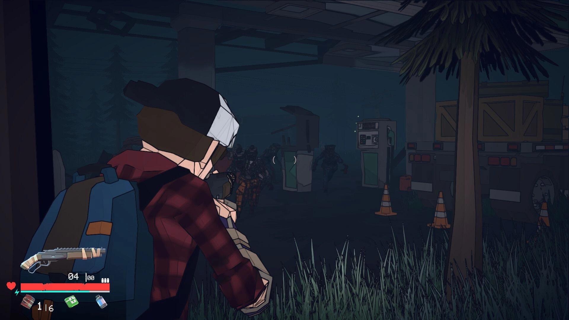 Fogreaver: Survivor aiming shotgun at zombies in an abandoned gas station with UI health bar displayed