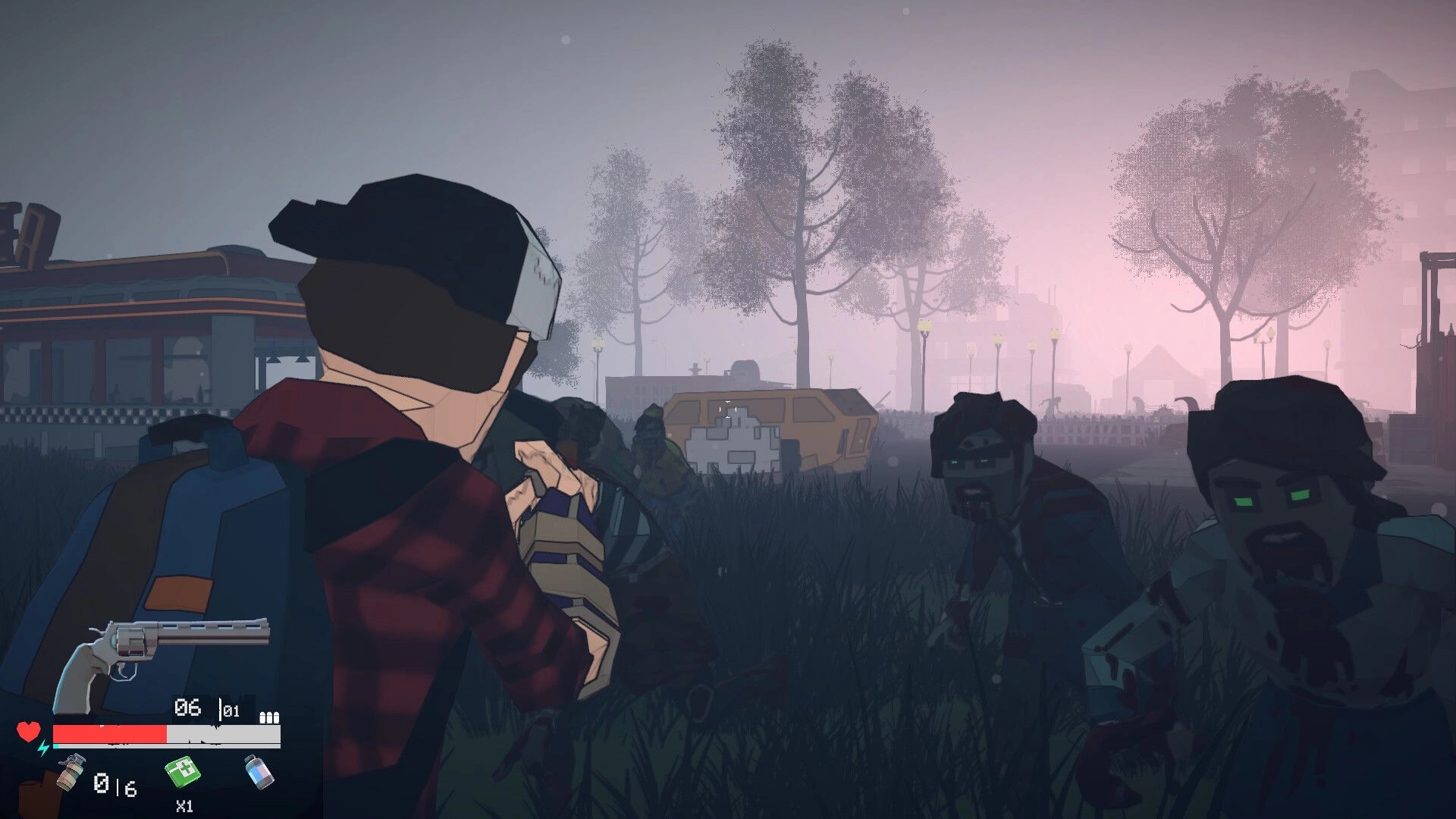 Fogreaver: Lone survivor aims gun at approaching zombies in foggy, post-apocalyptic park setting.