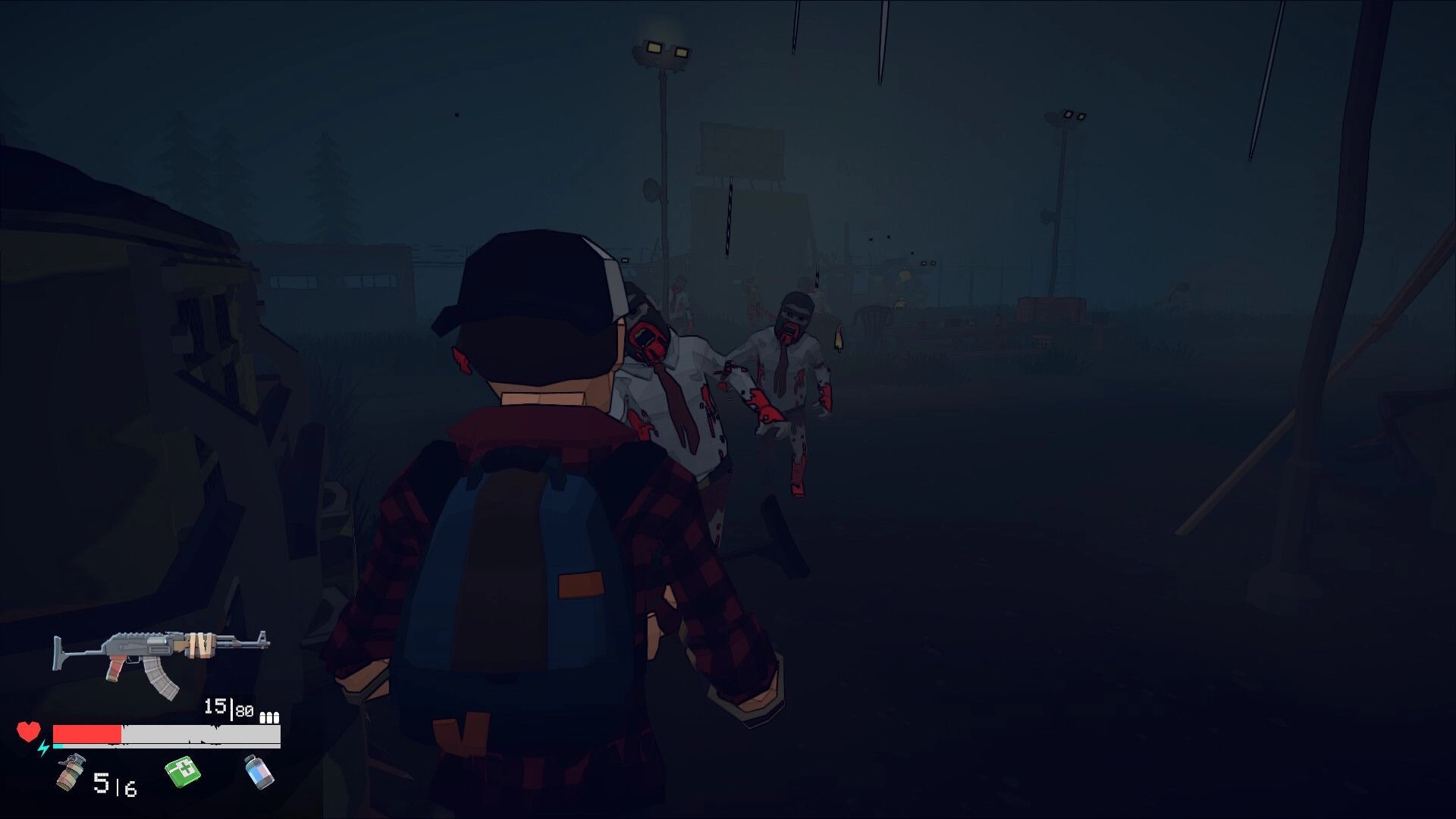 Fogreaver: Player character aims weapon at zombie horde in foggy post-apocalyptic wasteland