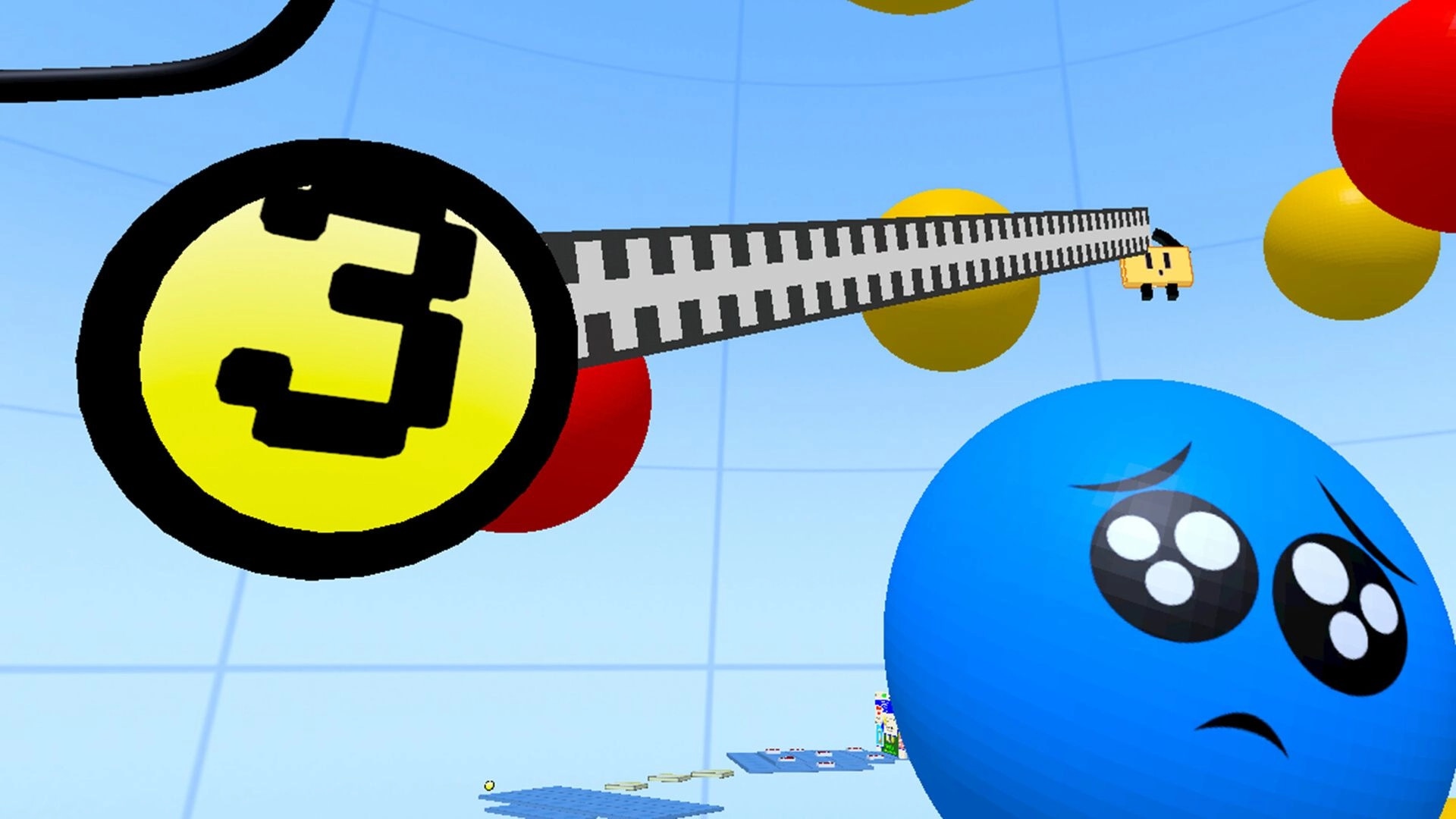 Foldy's OS Quest: Character zip-lining towards a large blue orb with a timer in a digital sky arena