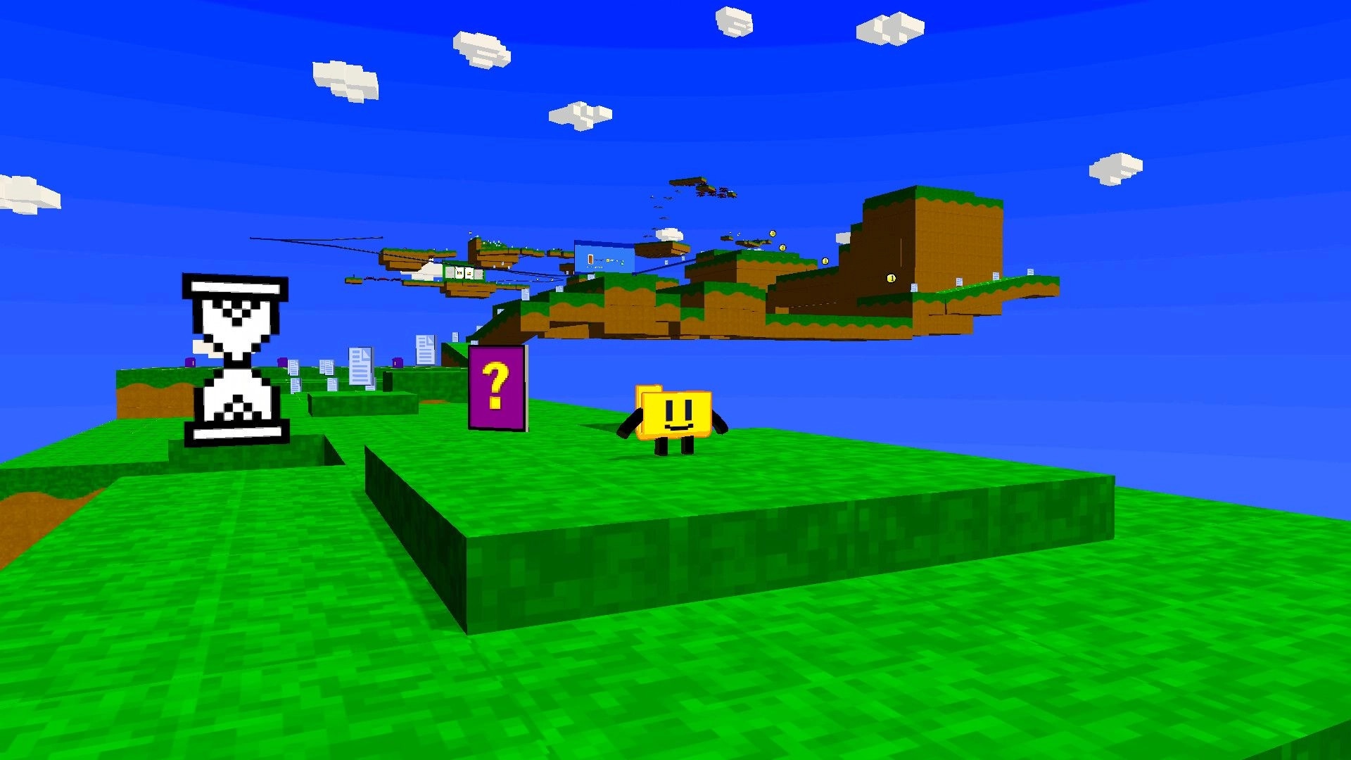 Foldy's OS Quest: Foldy exploring grassy floating platforms with a question block and hourglass nearby