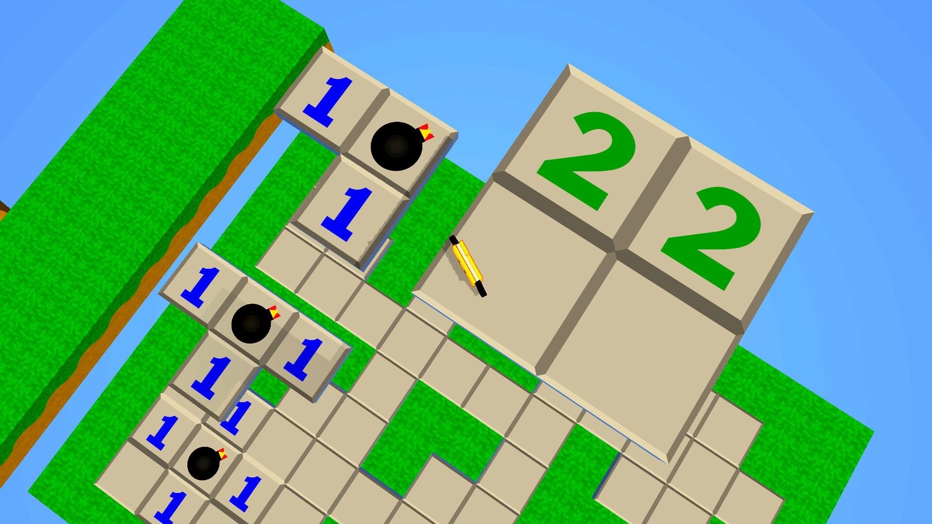 Foldy's OS Quest: Navigating grid with numbered tiles, bombs, and pencil in a digital landscape
