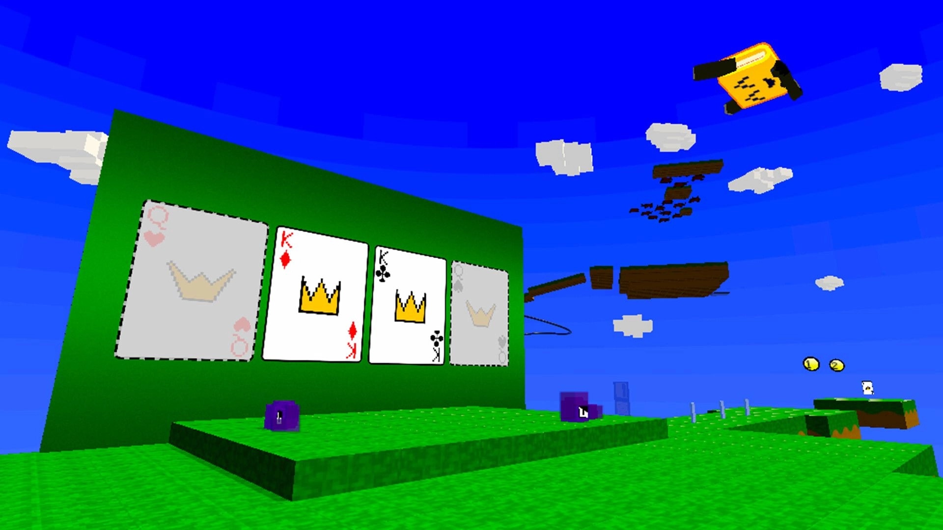 Foldy's OS Quest: Character platforming across floating islands with large playing cards in sky environment