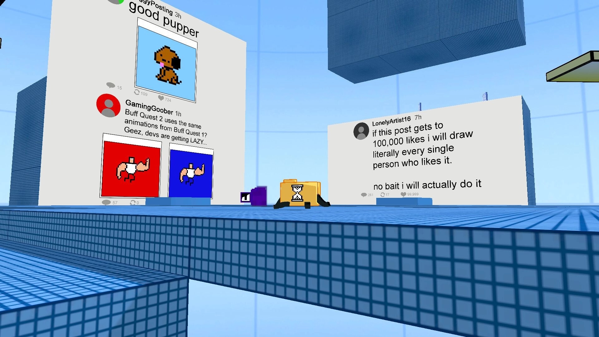 Foldy's OS Quest: Foldy navigates social media-inspired platform with pixel art graphics in a digital world.
