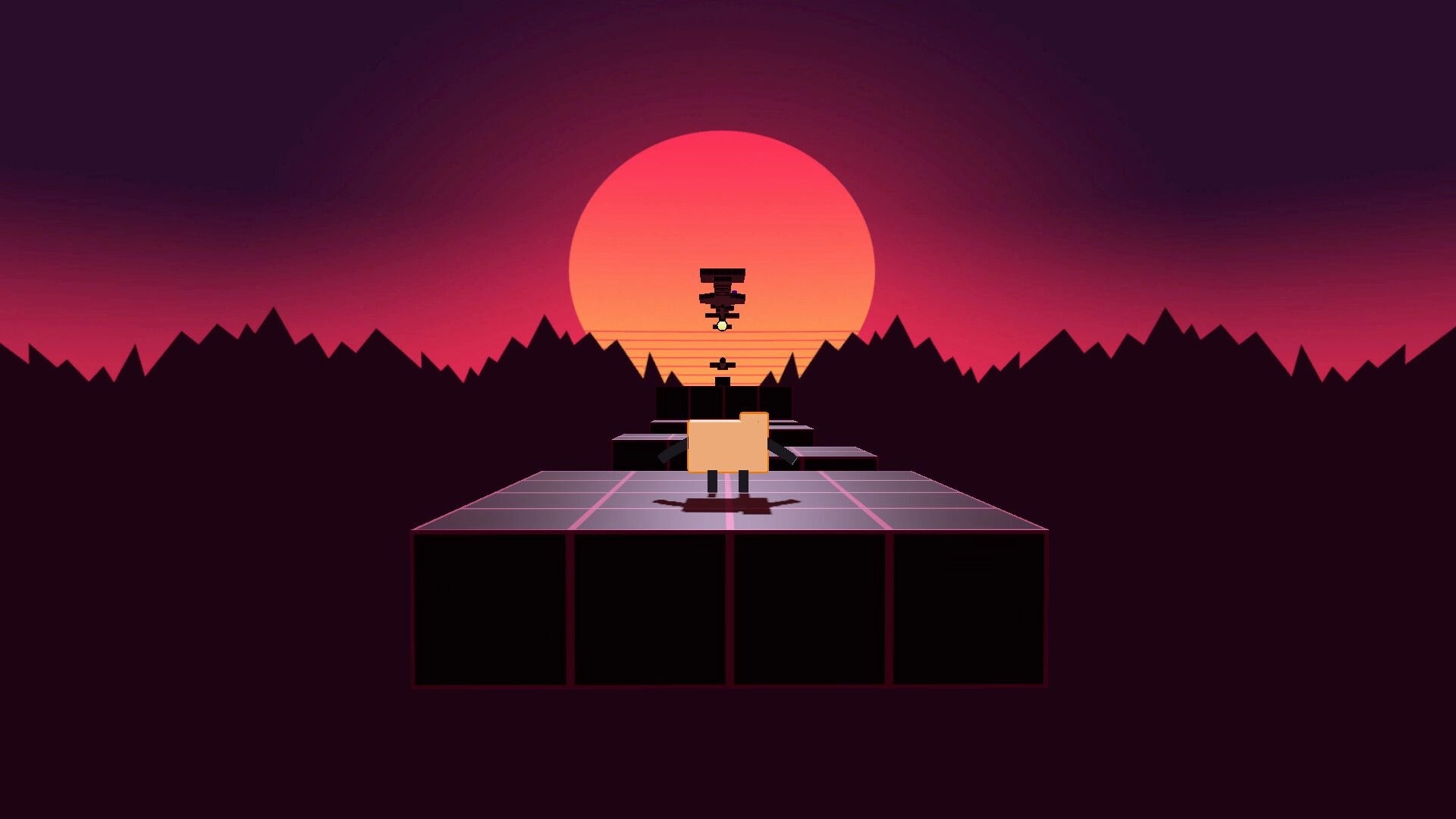 Foldy's OS Quest: Character on platform facing sunset with geometric mountains in the background
