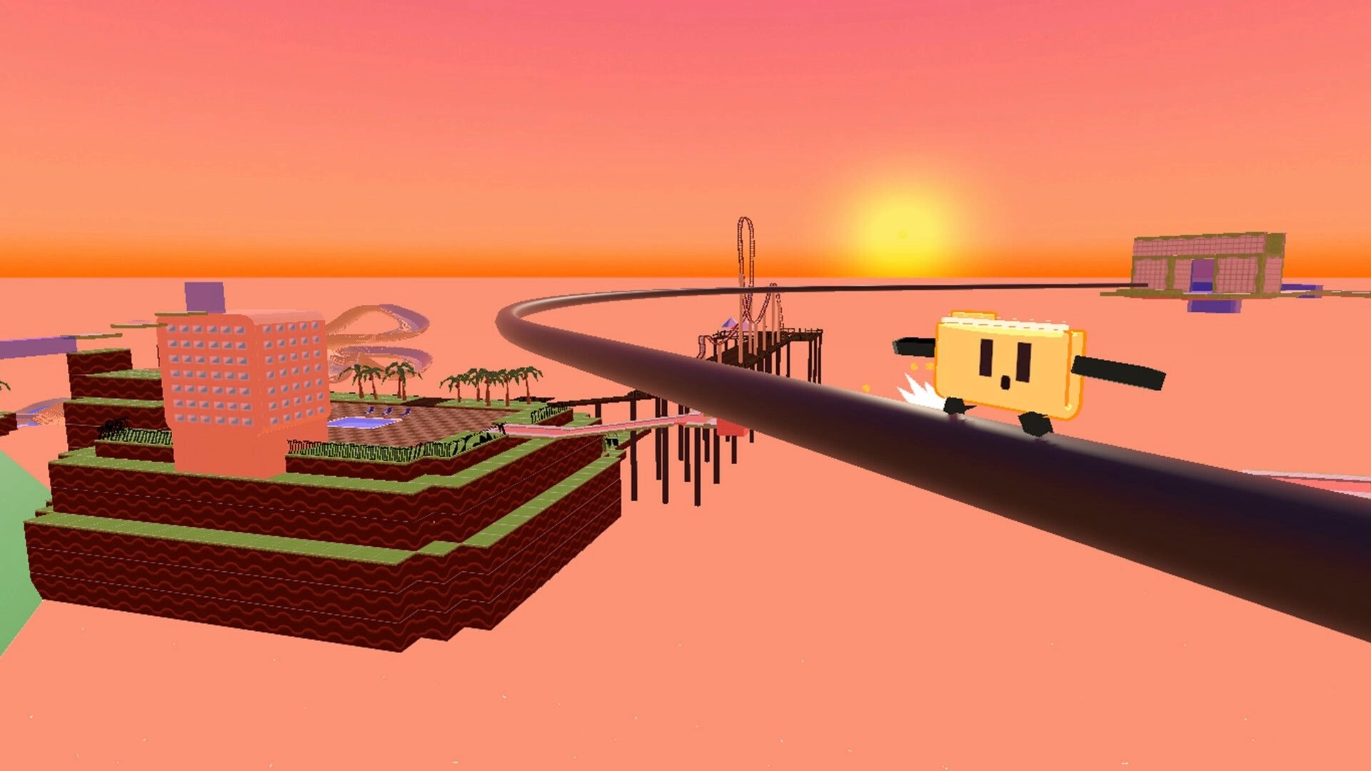 Foldy's OS Quest: Foldy surfing on a cable in a vibrant sunset with buildings and palm trees visible