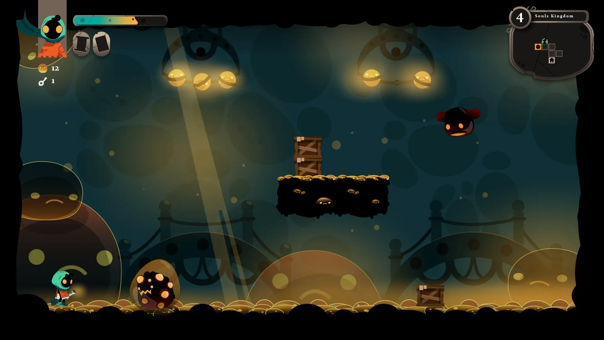 Folly Of The Wizards: Clumsy apprentice faces monster in dark dungeon with floating platforms and crates.