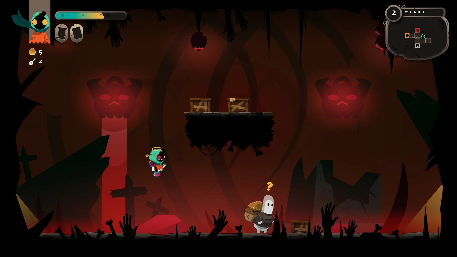 Folly Of The Wizards: Clumsy wizard jumping in shadowy dungeon with floating platforms and eerie red glow
