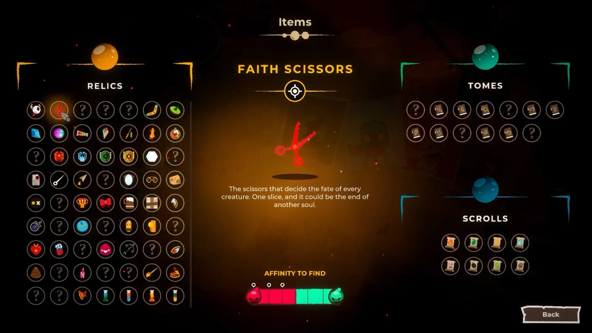 Folly Of The Wizards: Inventory screen showing relics, tomes, and scrolls with highlighted Faith Scissors