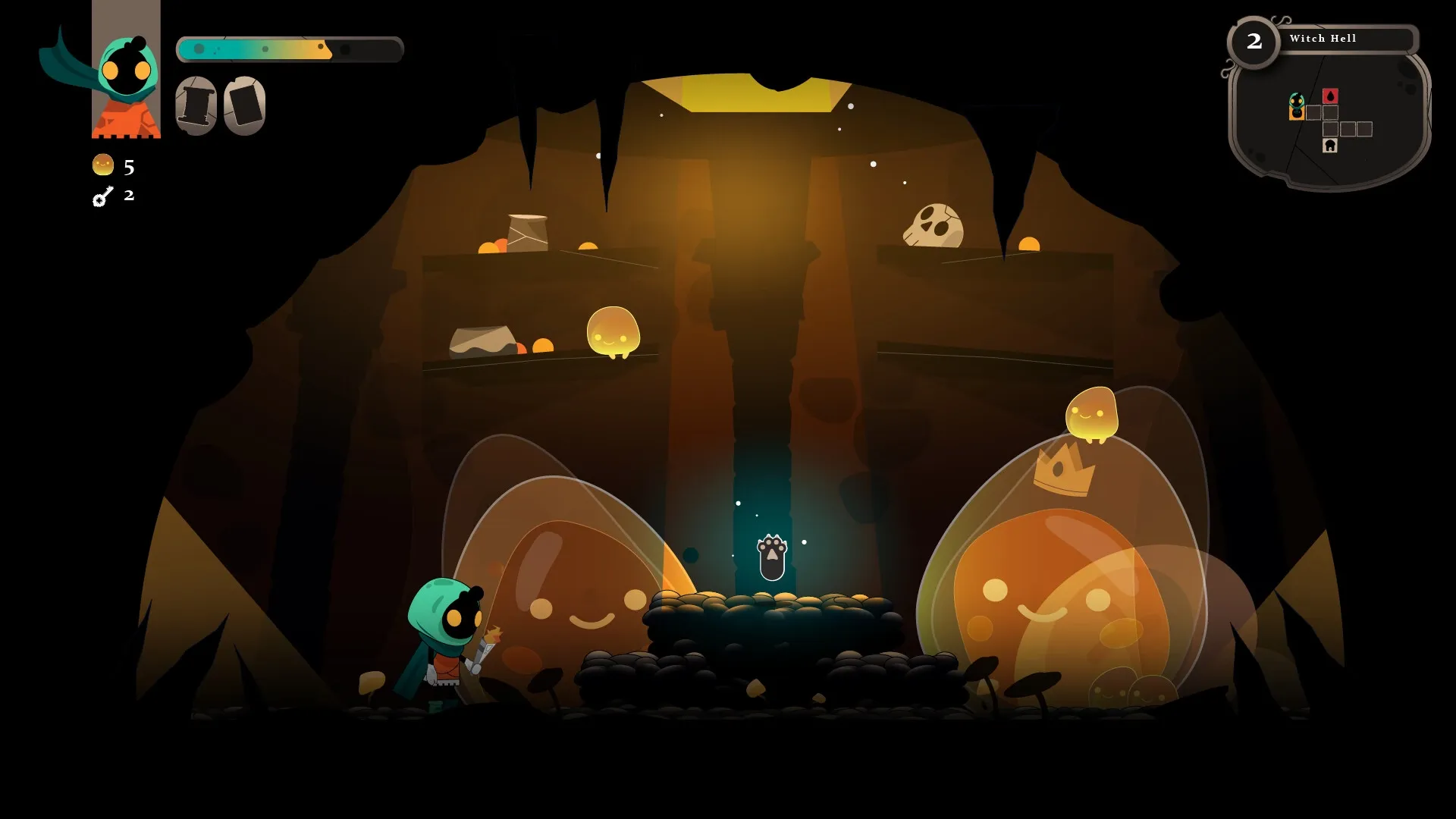 Folly Of The Wizards: Clumsy wizard faces giant slimes in a dark cave with floating skulls and map UI.