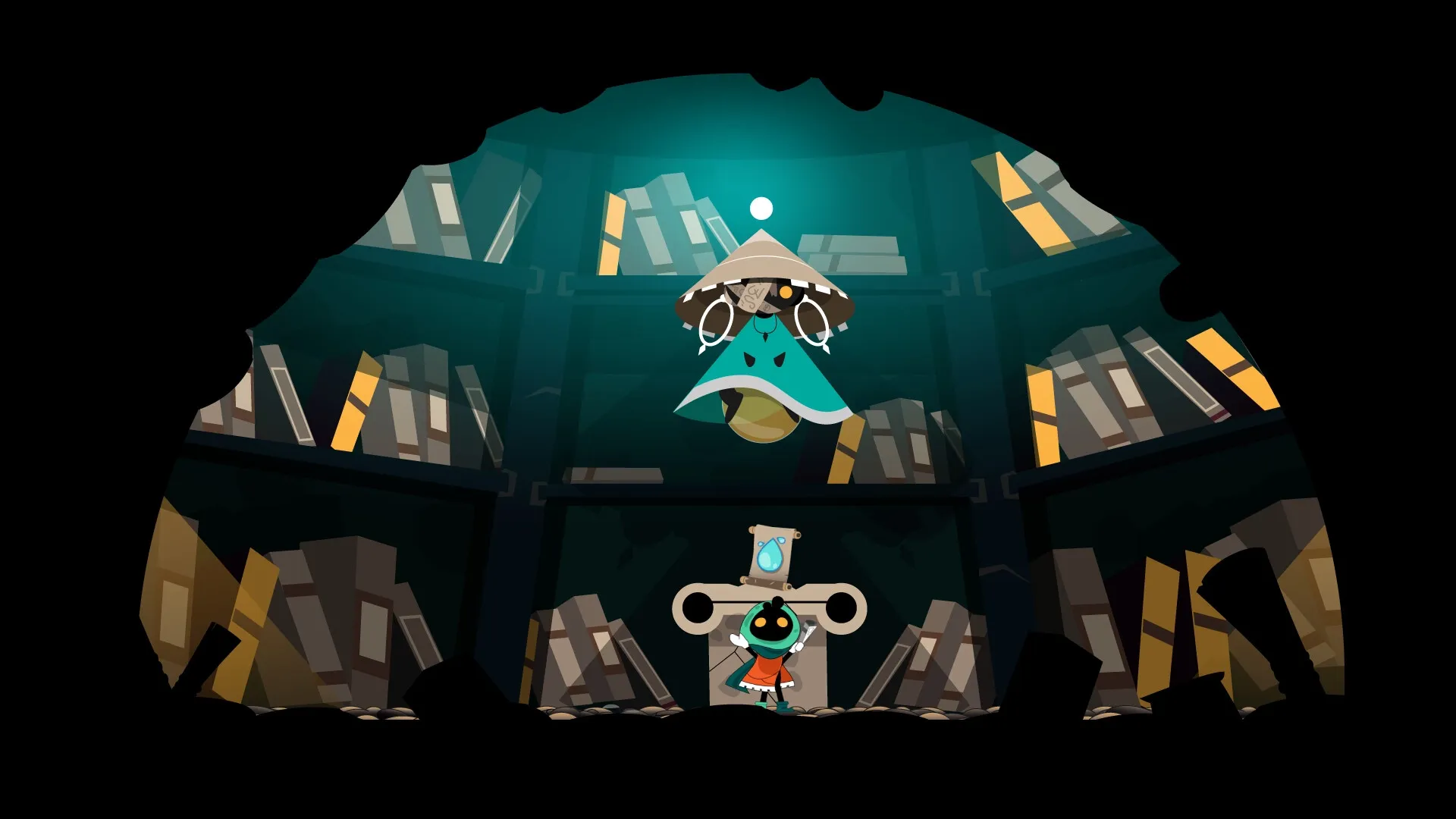 Folly Of The Wizards: Wizard apprentice in a mystical library facing a floating robed figure