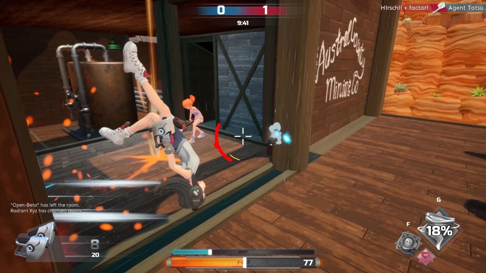 Foobar Zero: Player dodging attack inside wooden building with industrial pipes and wall graffiti visible