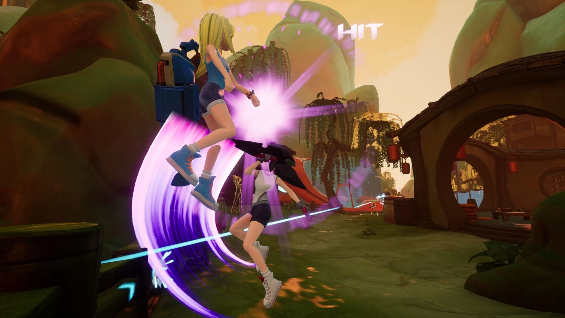 Foobar Zero: Two anime characters engage in dynamic combat with energy effects in a lush village setting