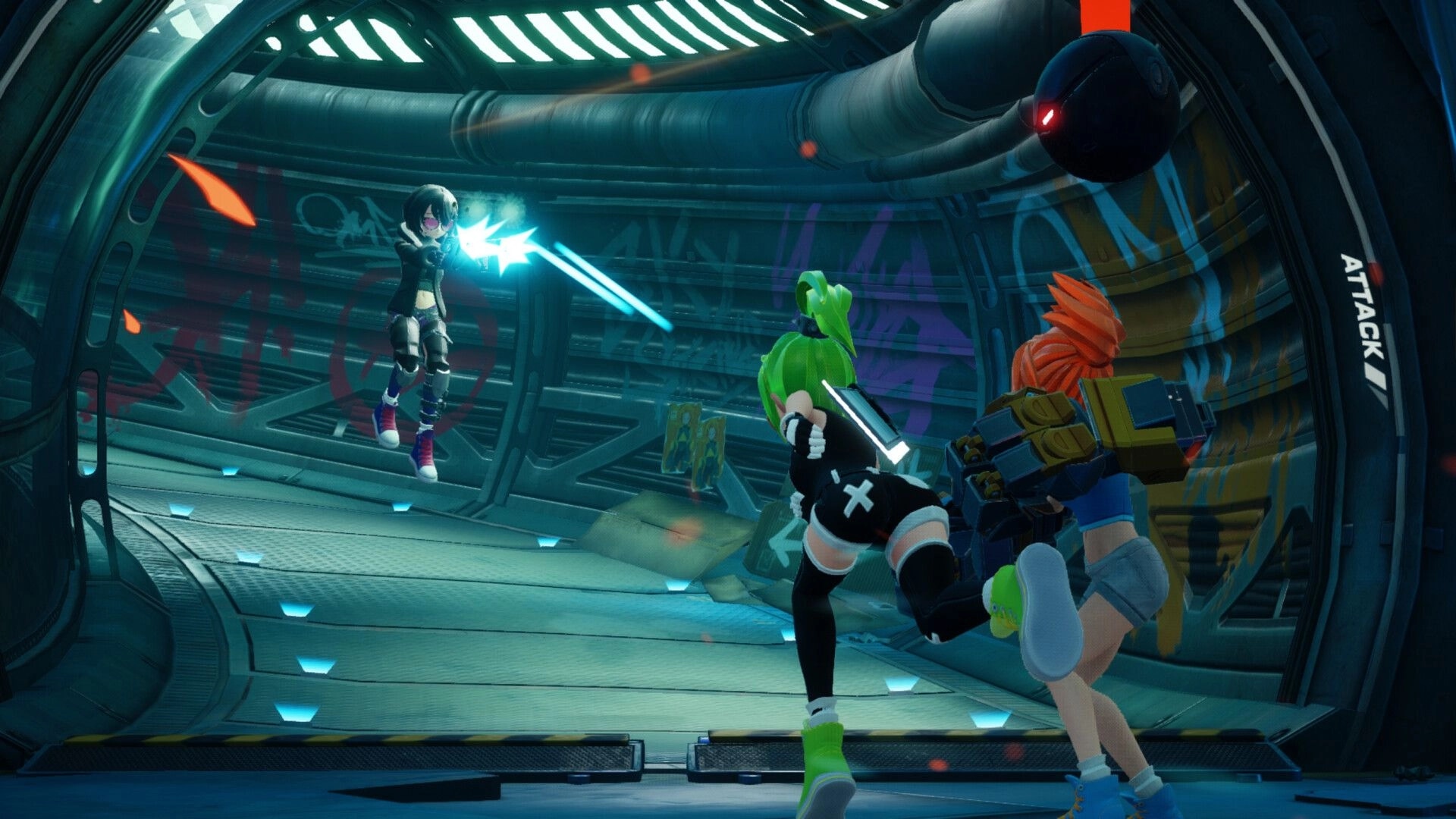 Foobar Zero: Two players with swords and guns engage in combat in a futuristic corridor environment