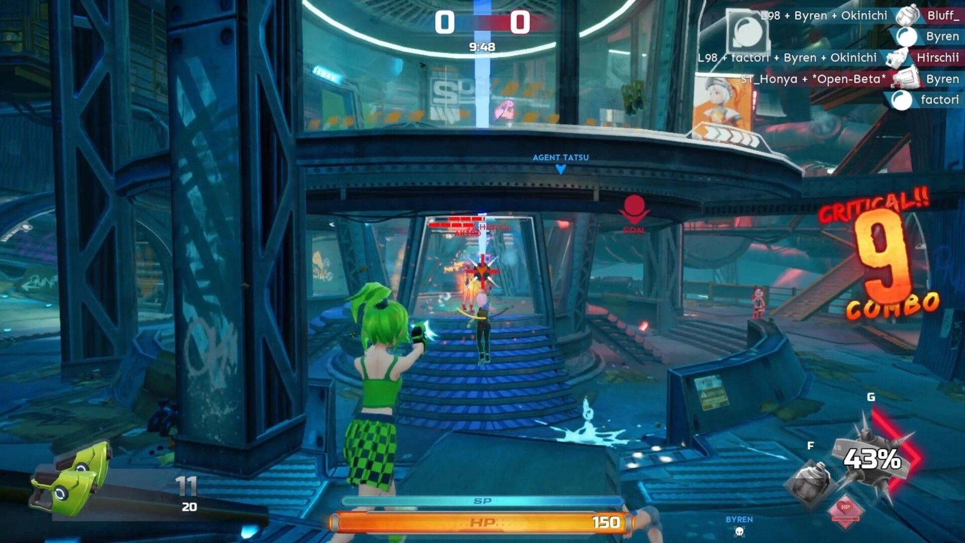 Foobar Zero: Green-haired character shooting in futuristic arena, score and combo displayed on screen