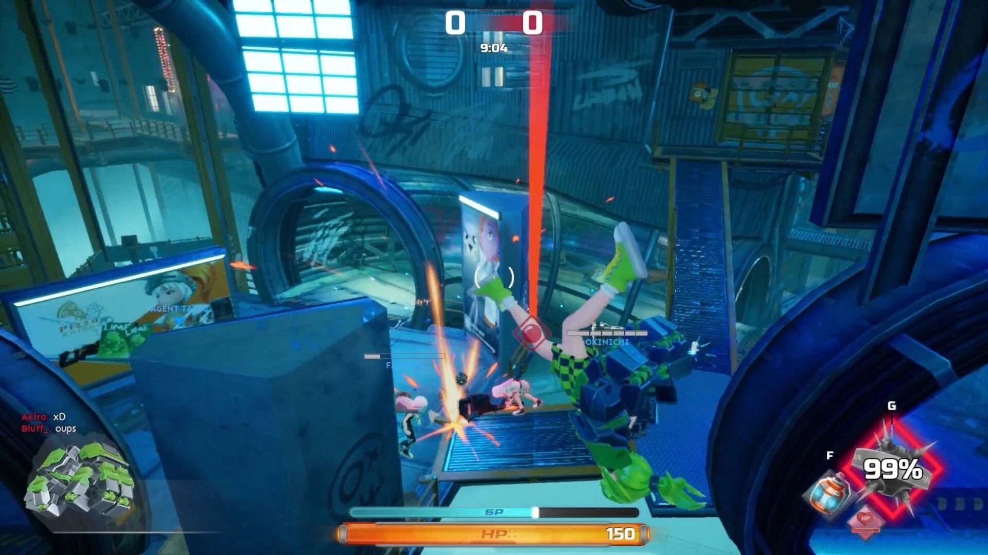 Foobar Zero: Character performs acrobatic move in industrial arena with scoreboard and health bar visible