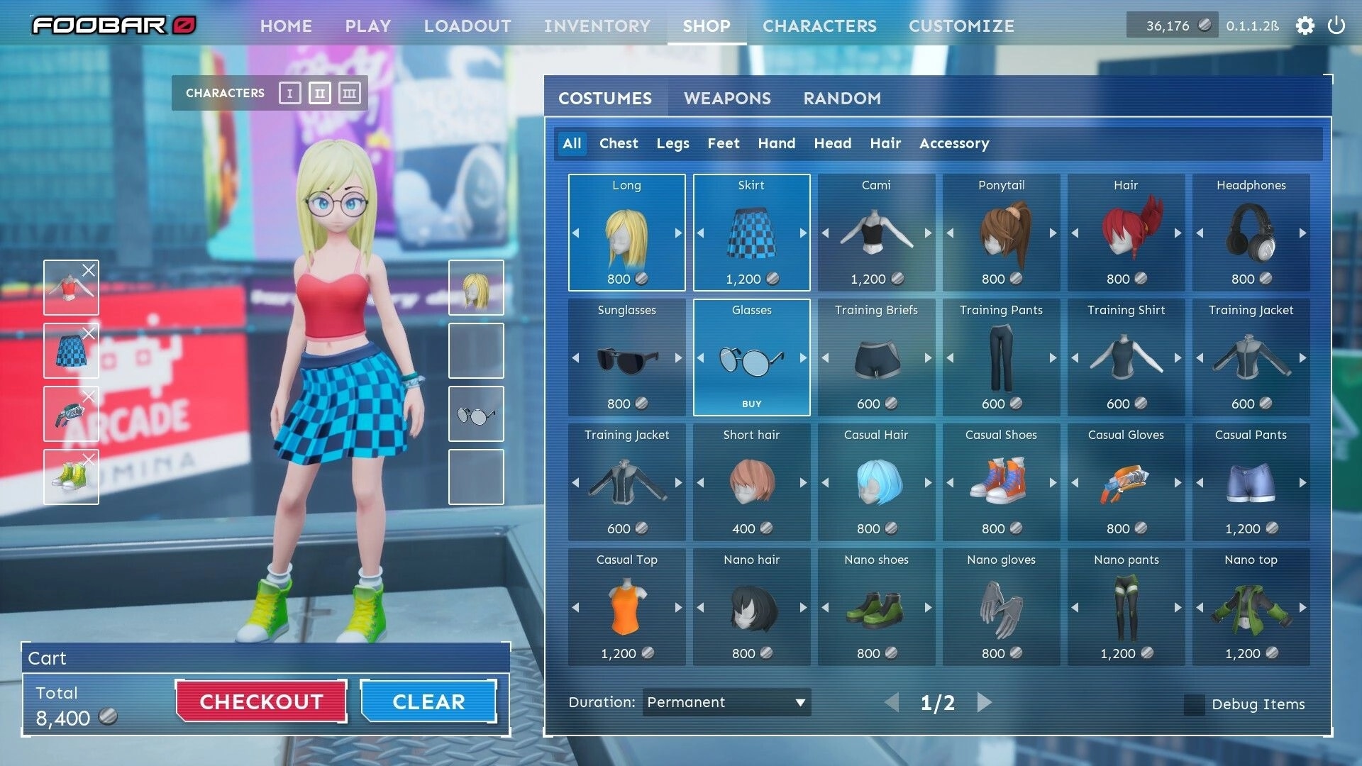 Foobar Zero: Character customization screen with anime avatar wearing blue skirt, glasses, green shoes