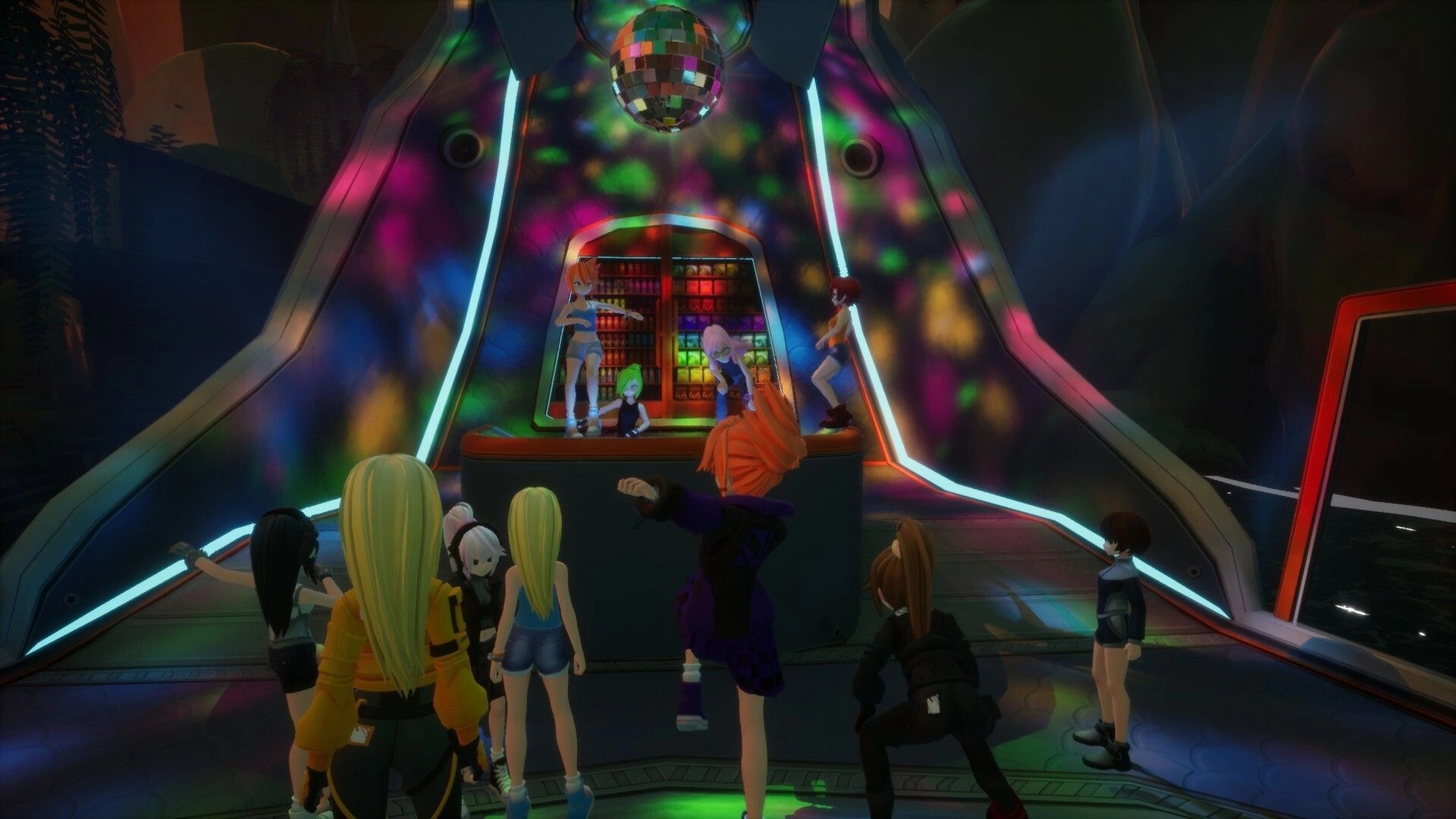 Foobar Zero: Anime characters dancing under disco lights in a neon-lit futuristic club setting