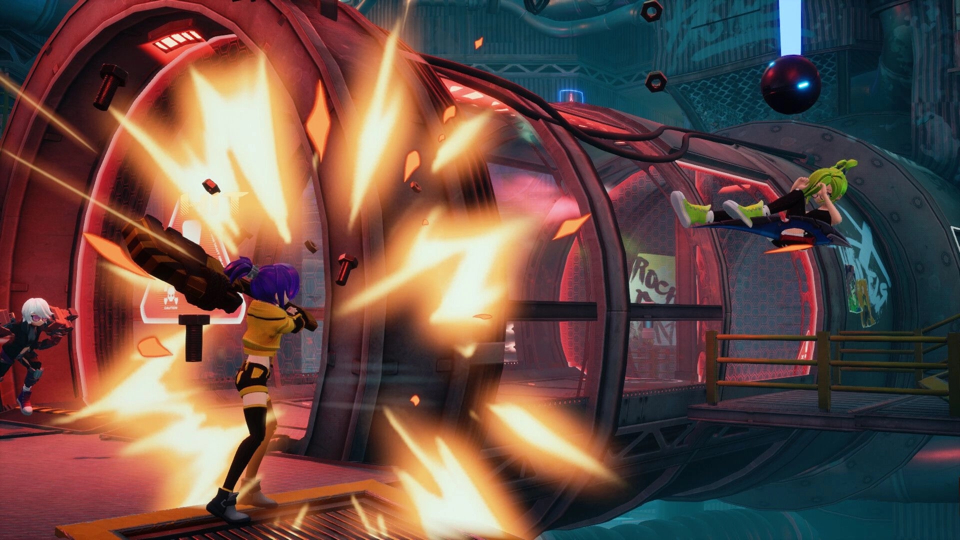 Foobar Zero: Intense combat in a futuristic tunnel with explosions and anime characters in action