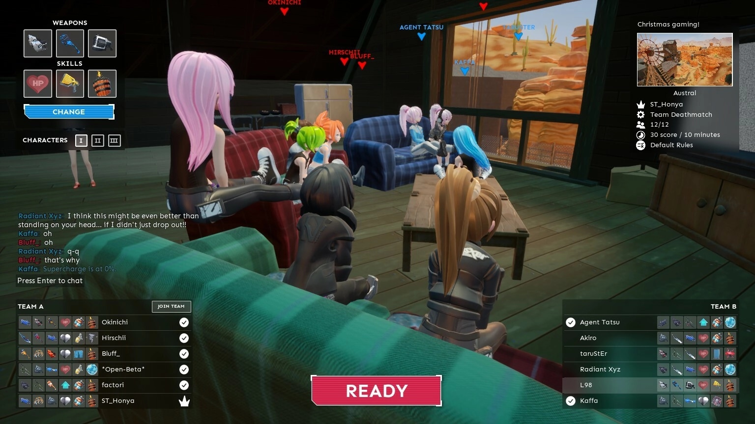 Foobar Zero: Characters lounging in cabin with chat and team selection screens visible