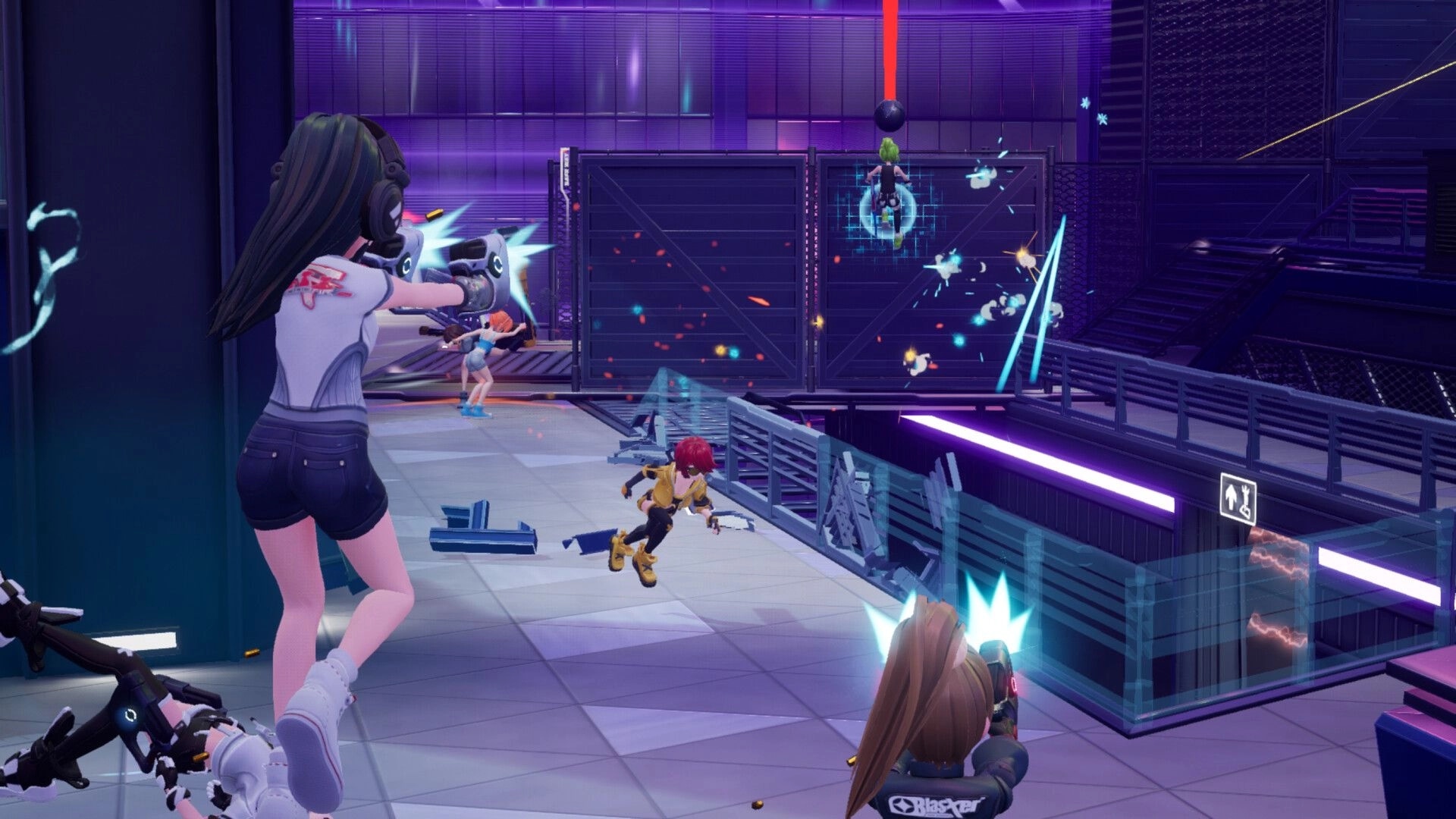 Foobar Zero: Intense combat with anime characters firing futuristic guns in a neon-lit sci-fi arena