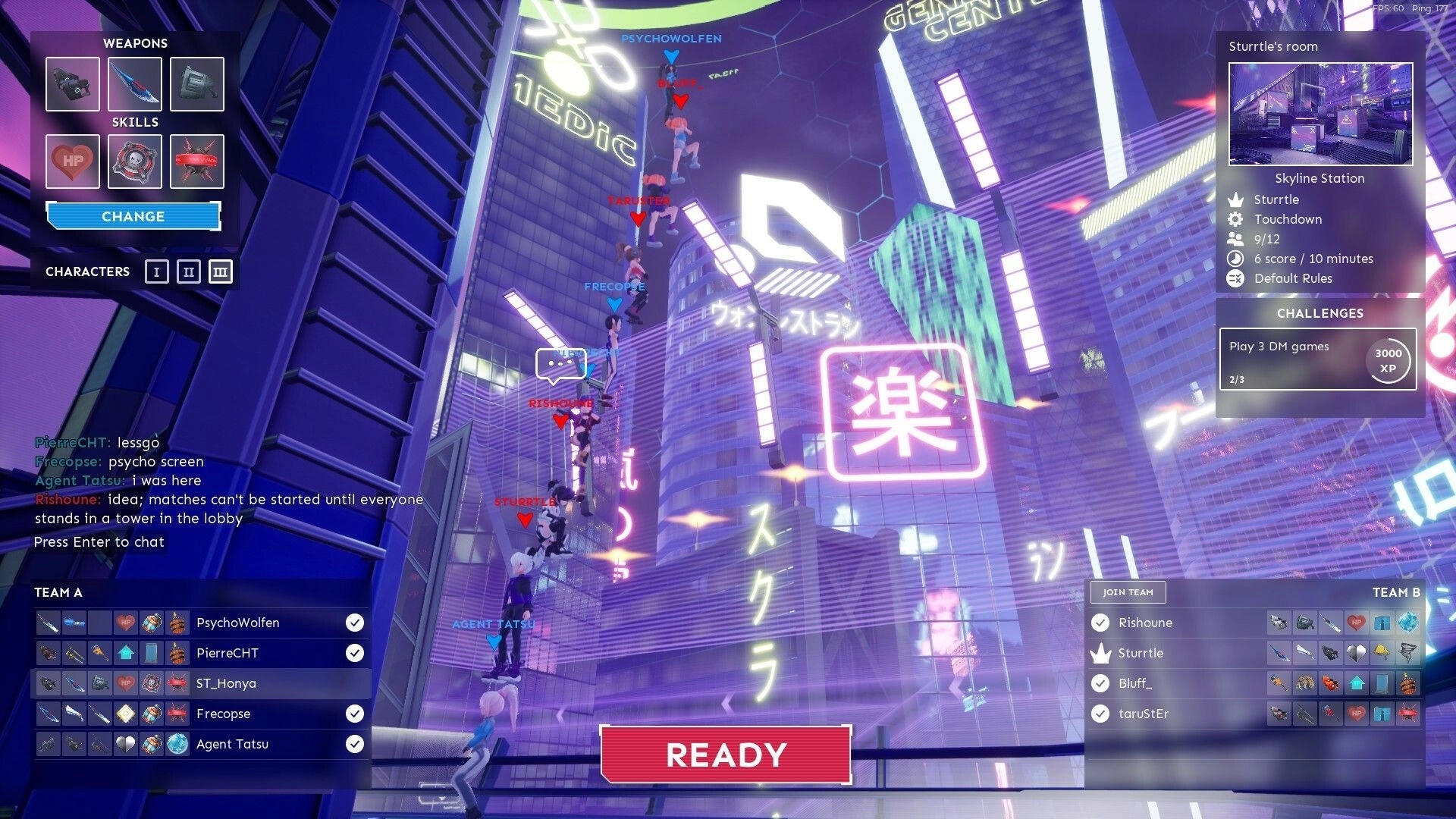 Foobar Zero: Character lineup in futuristic cityscape with team selection and chat interface visible
