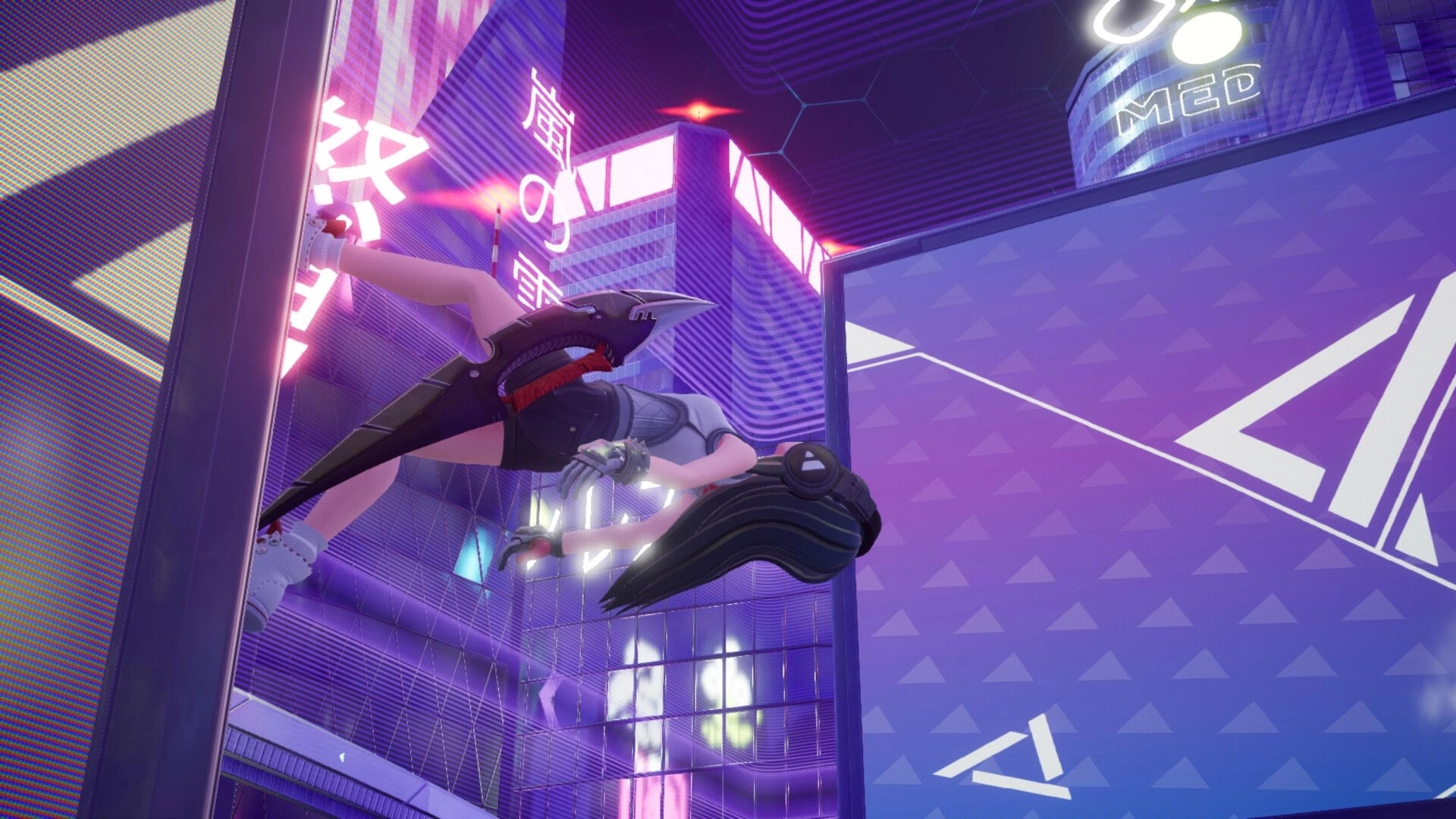 Foobar Zero: Character wall-running in neon-lit cityscape with futuristic blades and vibrant signage